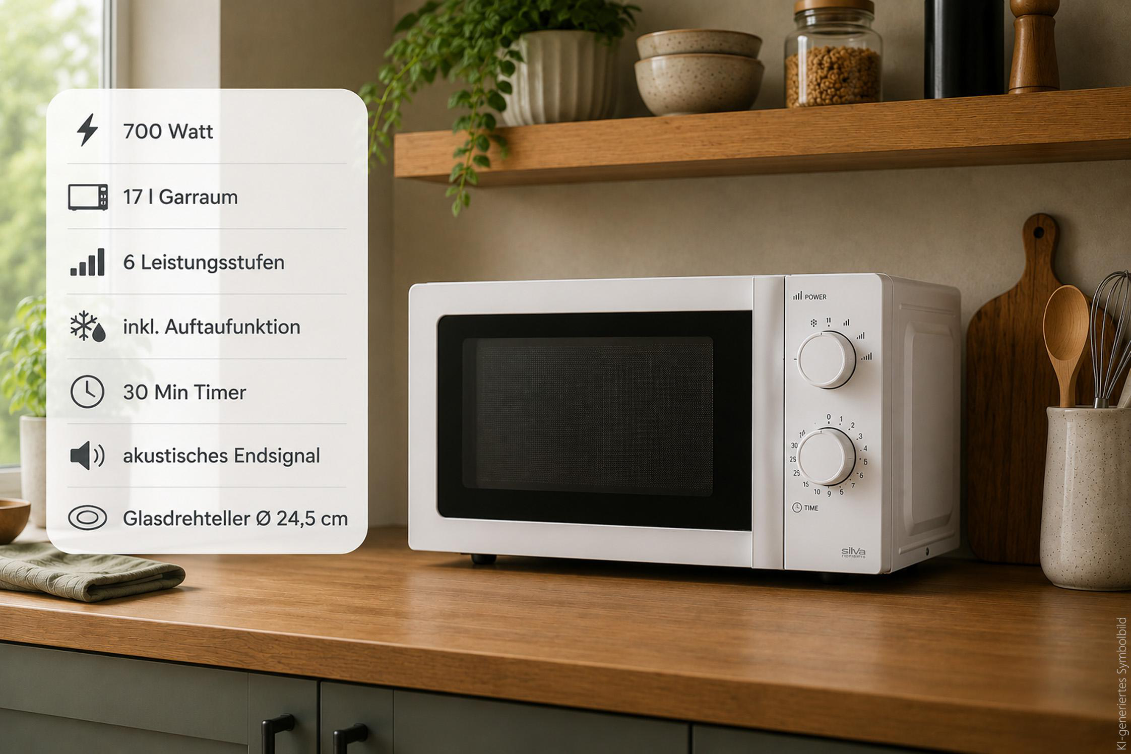 Eine weiße Mikrowelle steht auf einer Holztheke, links sind Produktmerkmale eingeblendet.