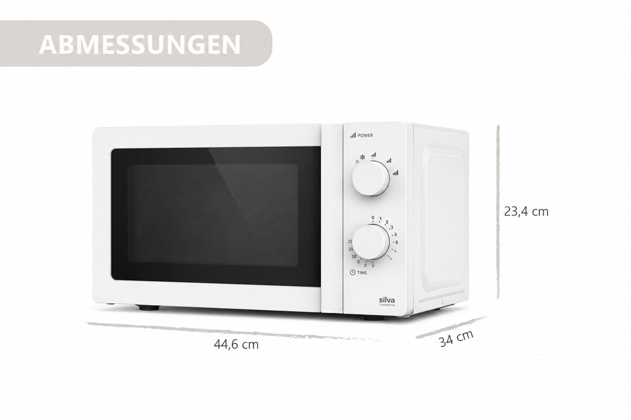 Weisse Mikrowelle mit Drehknöpfen und Maßangaben in Zentimetern.