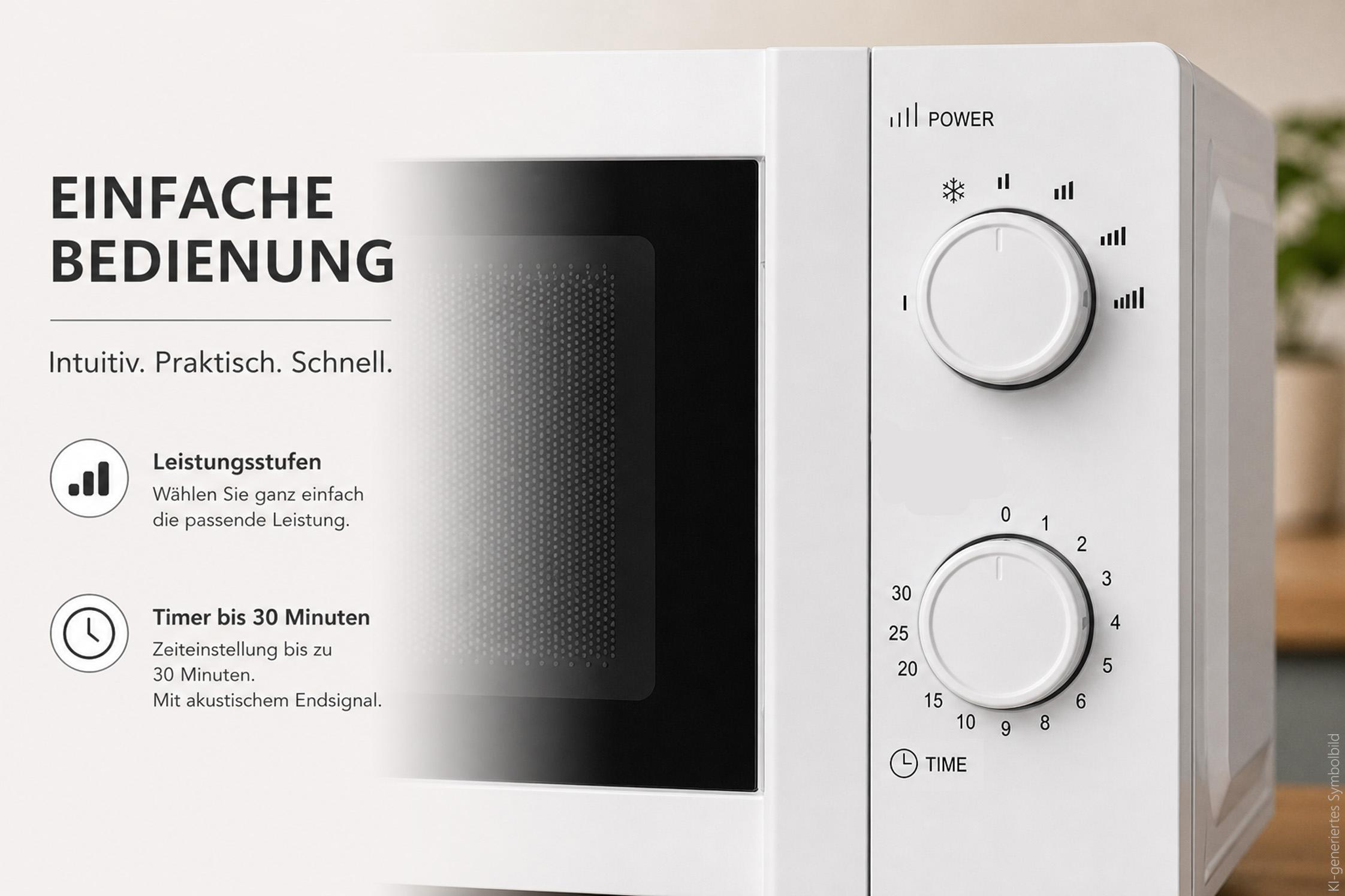 Weiße Mikrowelle mit zwei Drehknöpfen für Leistung und Timer, daneben deutscher Werbetext.