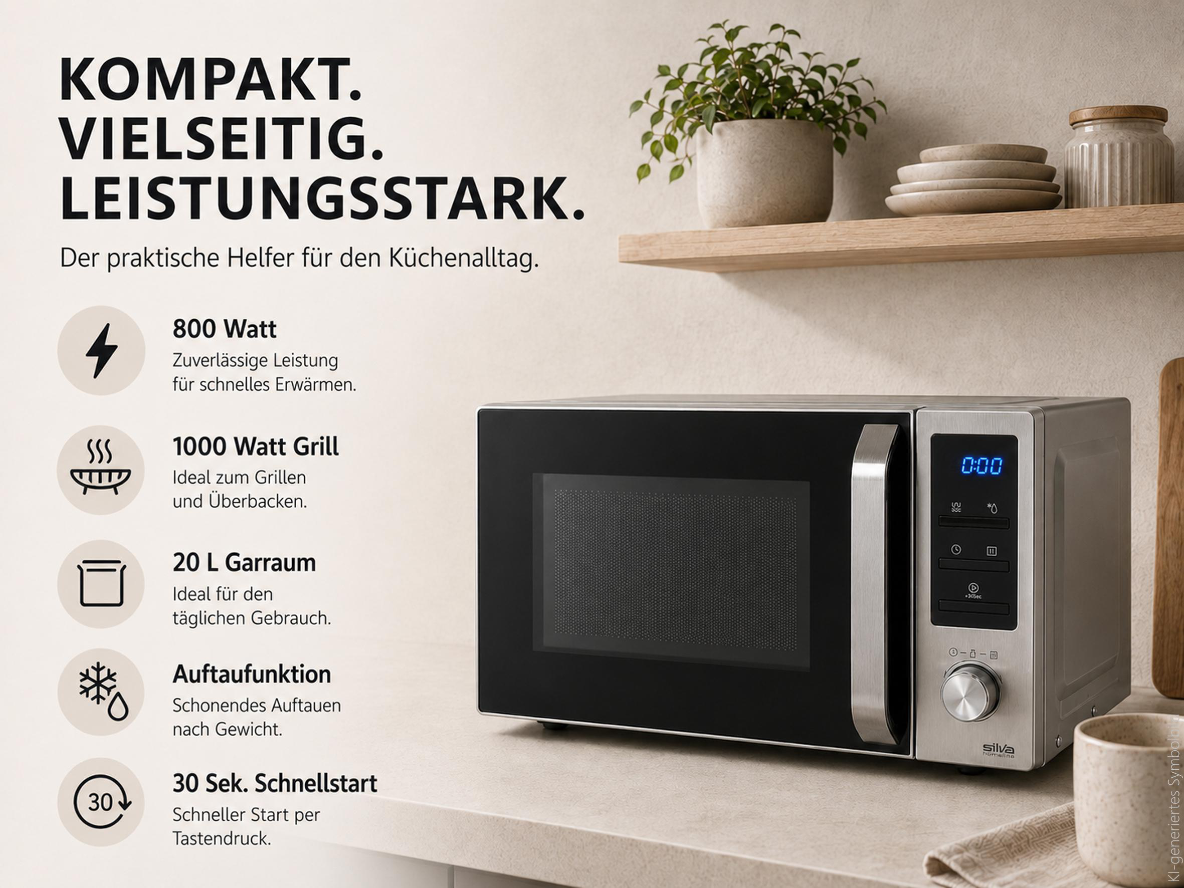 Eine silberne Mikrowelle steht auf einer Küchentheke mit Texten und Symbolen links.