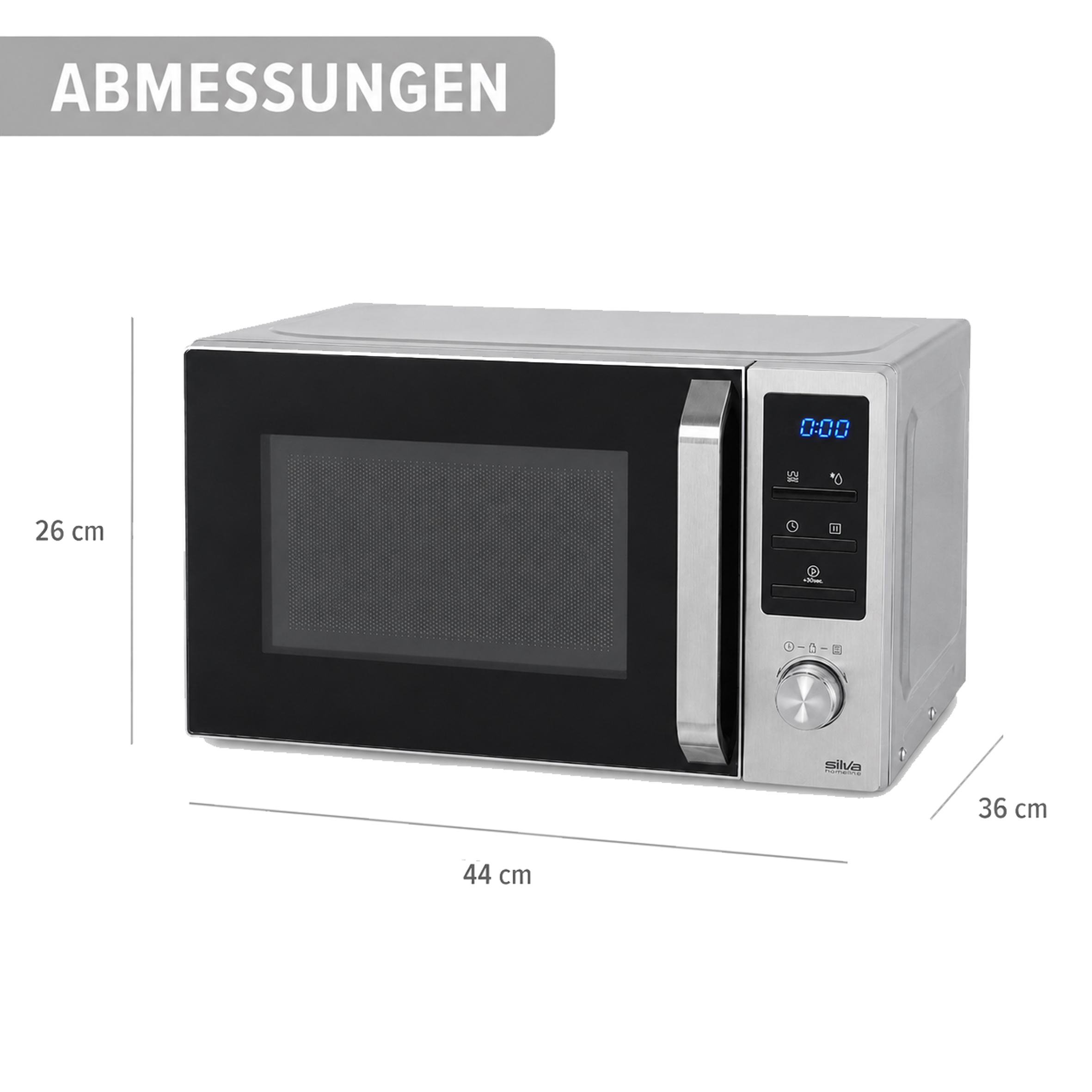 Silberne Mikrowelle mit Maßen: 44 cm breit, 26 cm hoch und 36 cm tief.