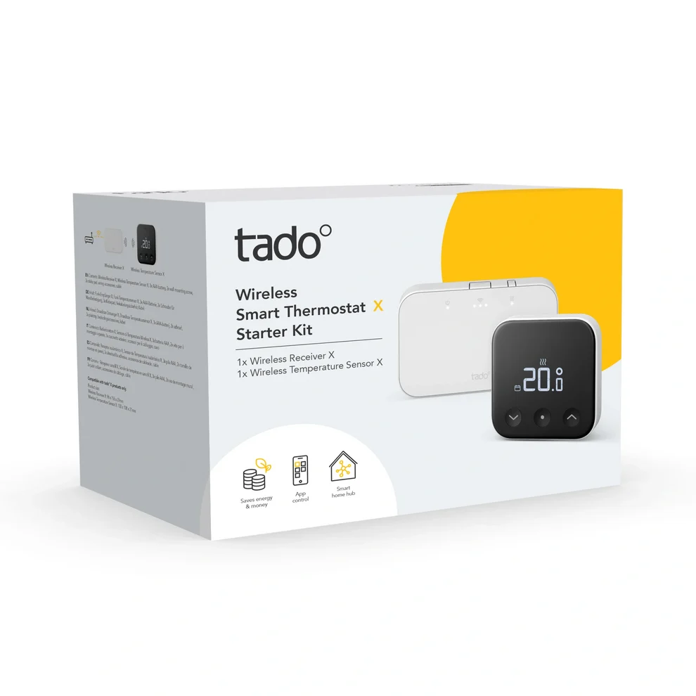 Embalaje del kit de inicio de termostato inteligente inalambrico Tado con el receptor y sensor.