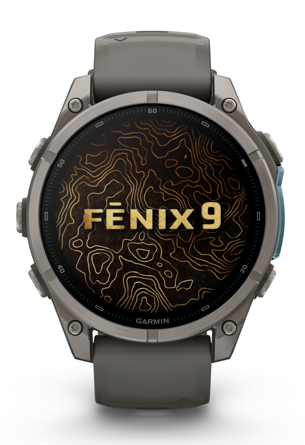Szary zegarek sportowy Garmin Fenix 9 z tarczą o wzorze topograficznym.