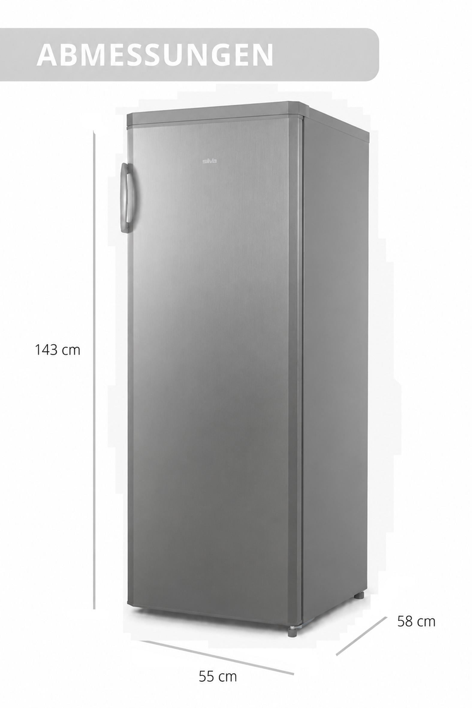 Grauer Kühlschrank mit den Abmessungen 143 cm Höhe, 55 cm Breite und 58 cm Tiefe auf weißem Hintergrund.