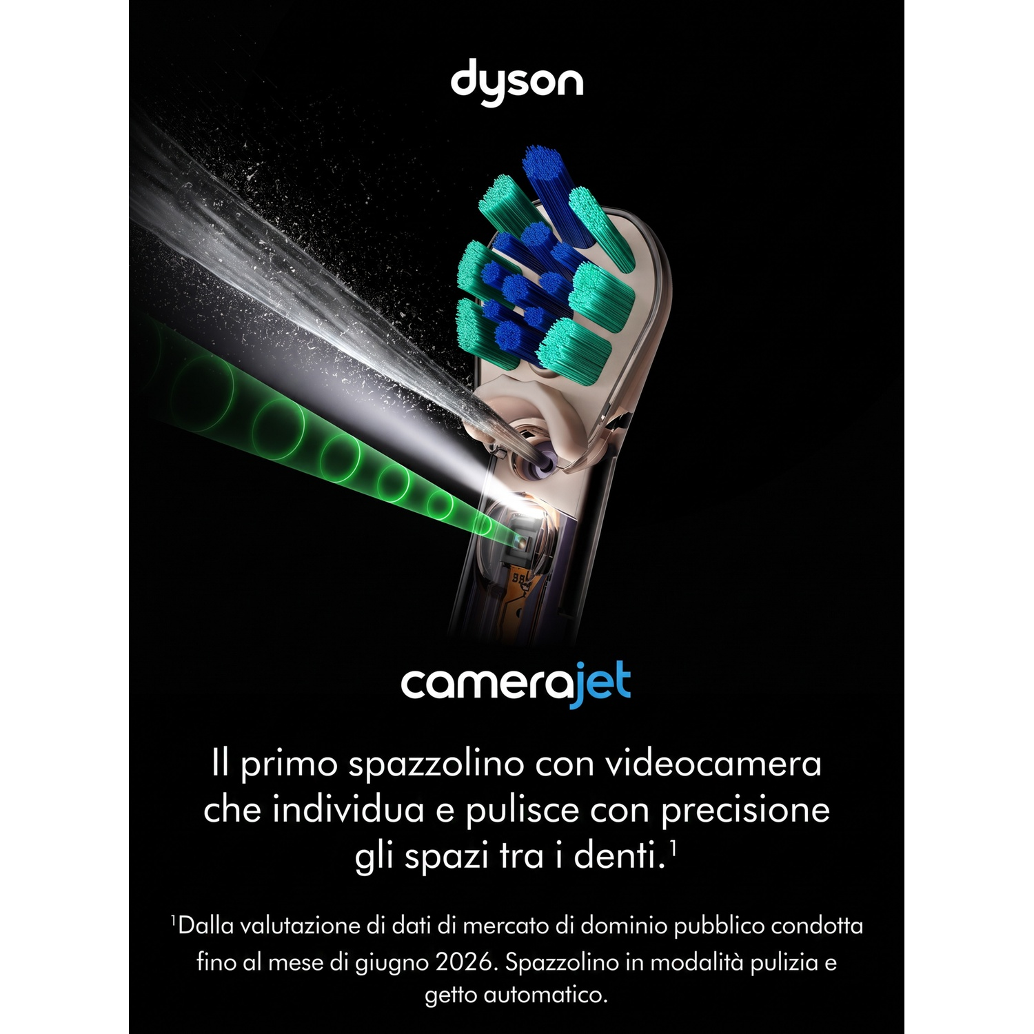 Spazzolino Dyson Kamerajet con raggio di luce verde e getto d'acqua su sfondo nero.