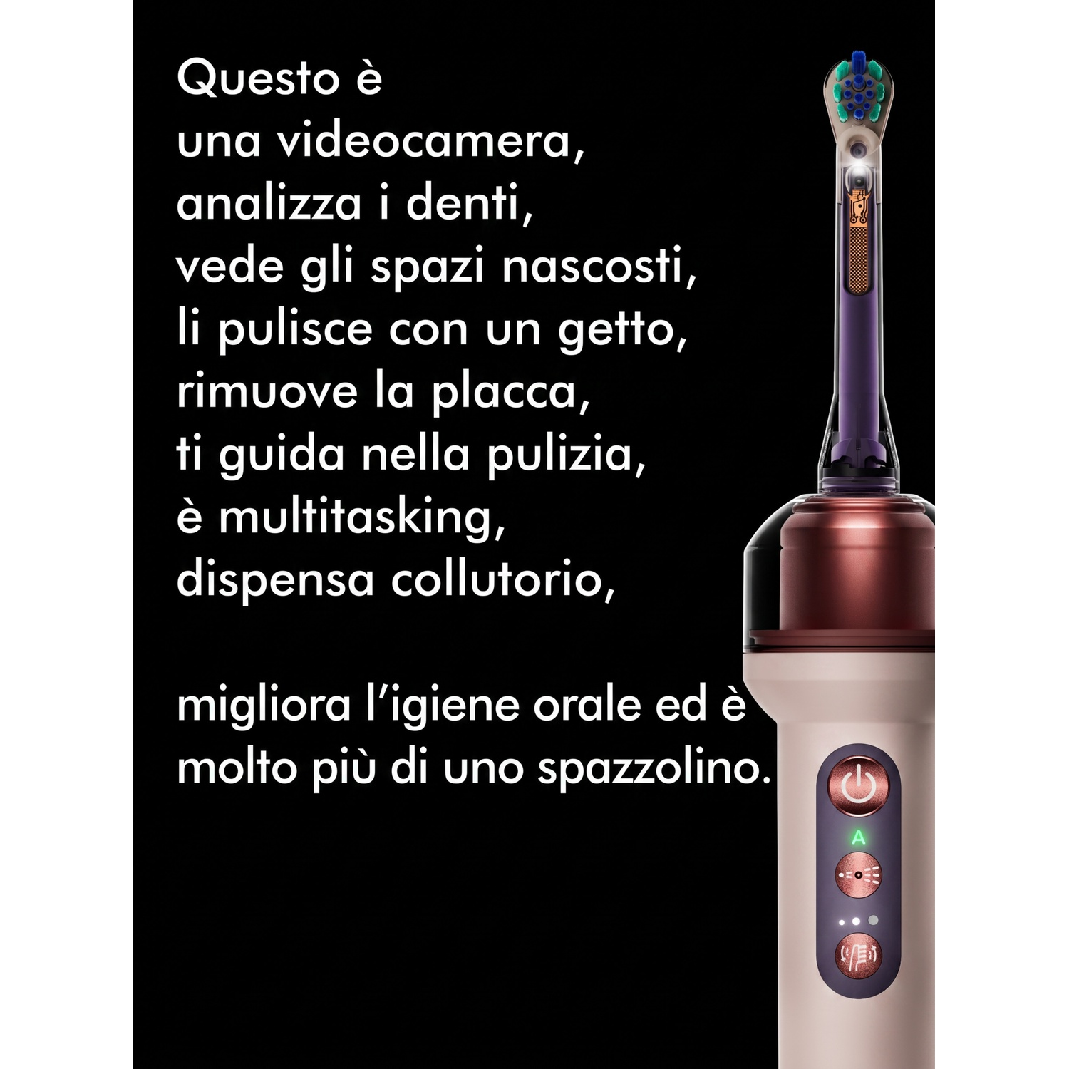 Moderno spazzolino intelligente con erogatore di collutorio e testo in italiano su sfondo nero.