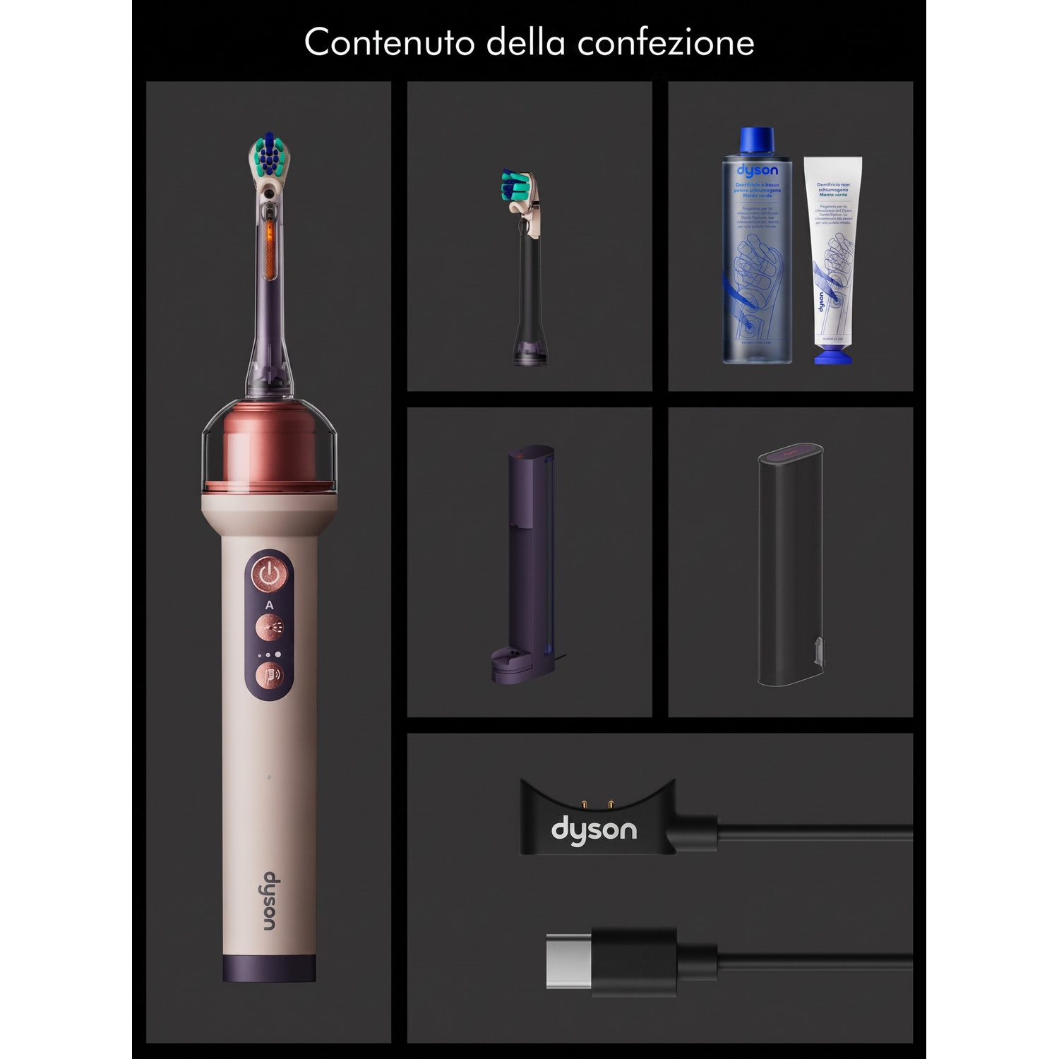Spazzolino elettrico Dyson con accessori tra cui testina, collutorio, dentifricio e base di ricarica.
