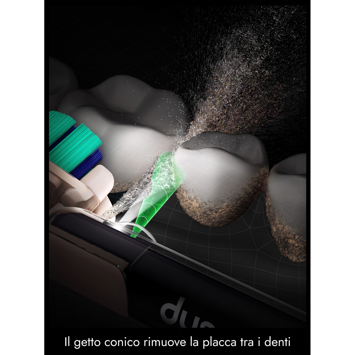 Un getto d'acqua conico rimuove la placca tra i denti.
