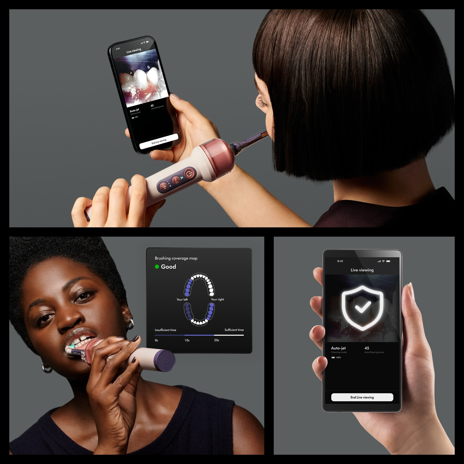 Donne usano uno spazzolino elettrico smart con app e mappa di copertura.