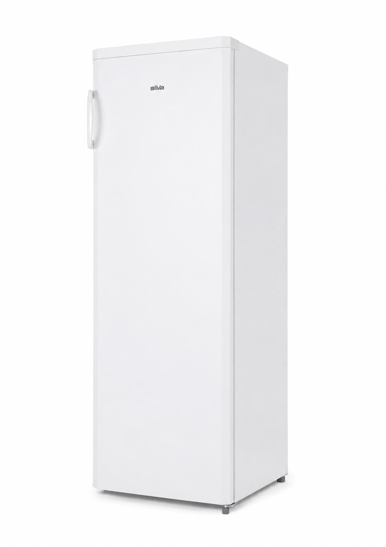 Ein weißer Standkühlschrank mit senkrechtem Griff und dem Markenlogo 'silva' oben auf weißem Hintergrund.