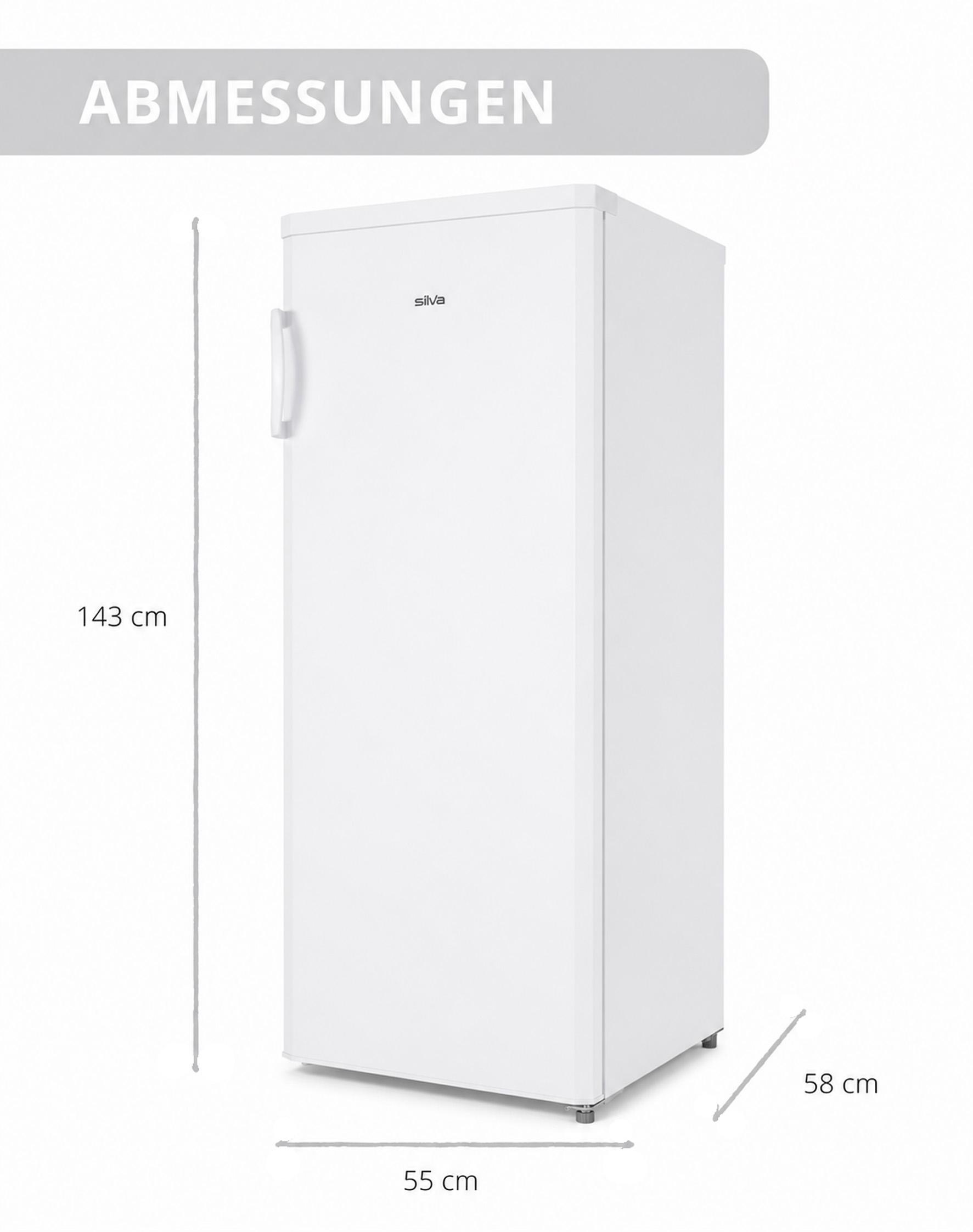 Weißer Silva Kühlschrank mit den Maßen 143 cm Höhe, 55 cm Breite und 58 cm Tiefe auf weißem Hintergrund.