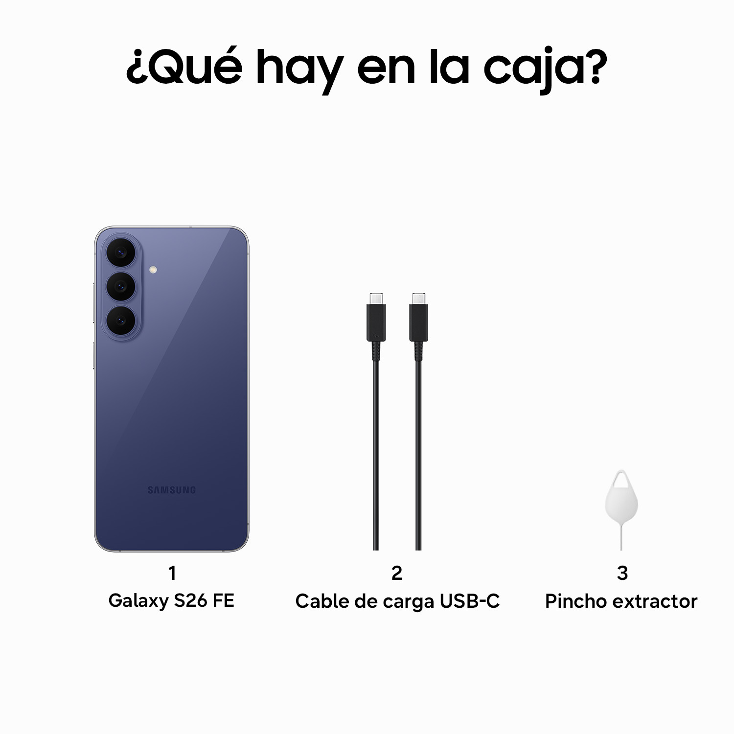 Contenido de la caja: un Samsung Galaxy S26 FE, un cable de carga USB-C y una herramienta para extraer la tarjeta SIM.