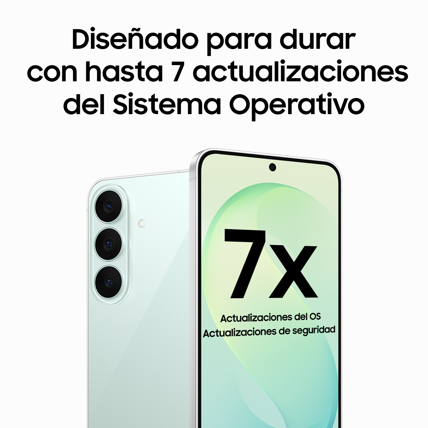 Smartphone con tres cámaras traseras y texto sobre siete actualizaciones.