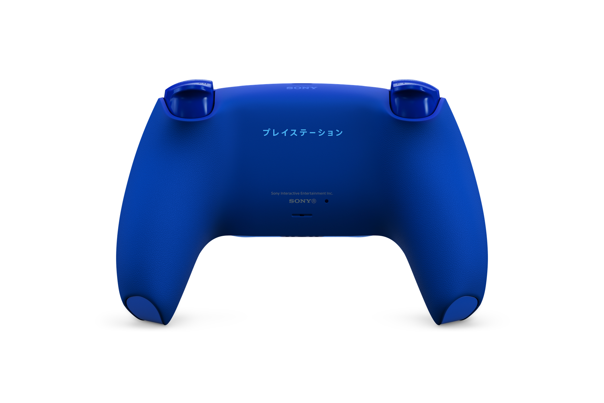 Rückansicht eines blauen PlayStation 5 DualSense Wireless-Controllers auf weißem Hintergrund.