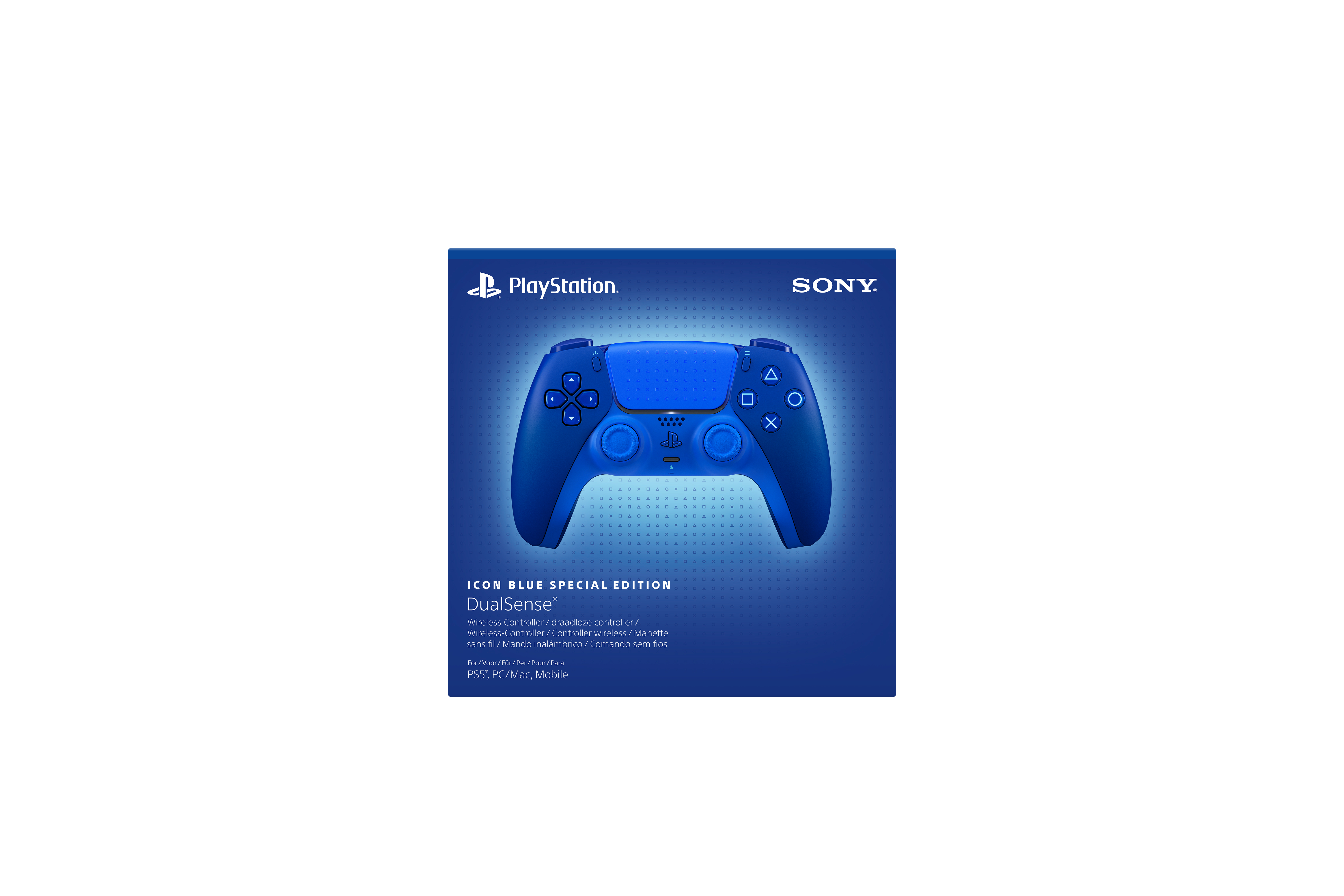 Verpackung für den blauen DualSense Wireless-Controller für PlayStation.