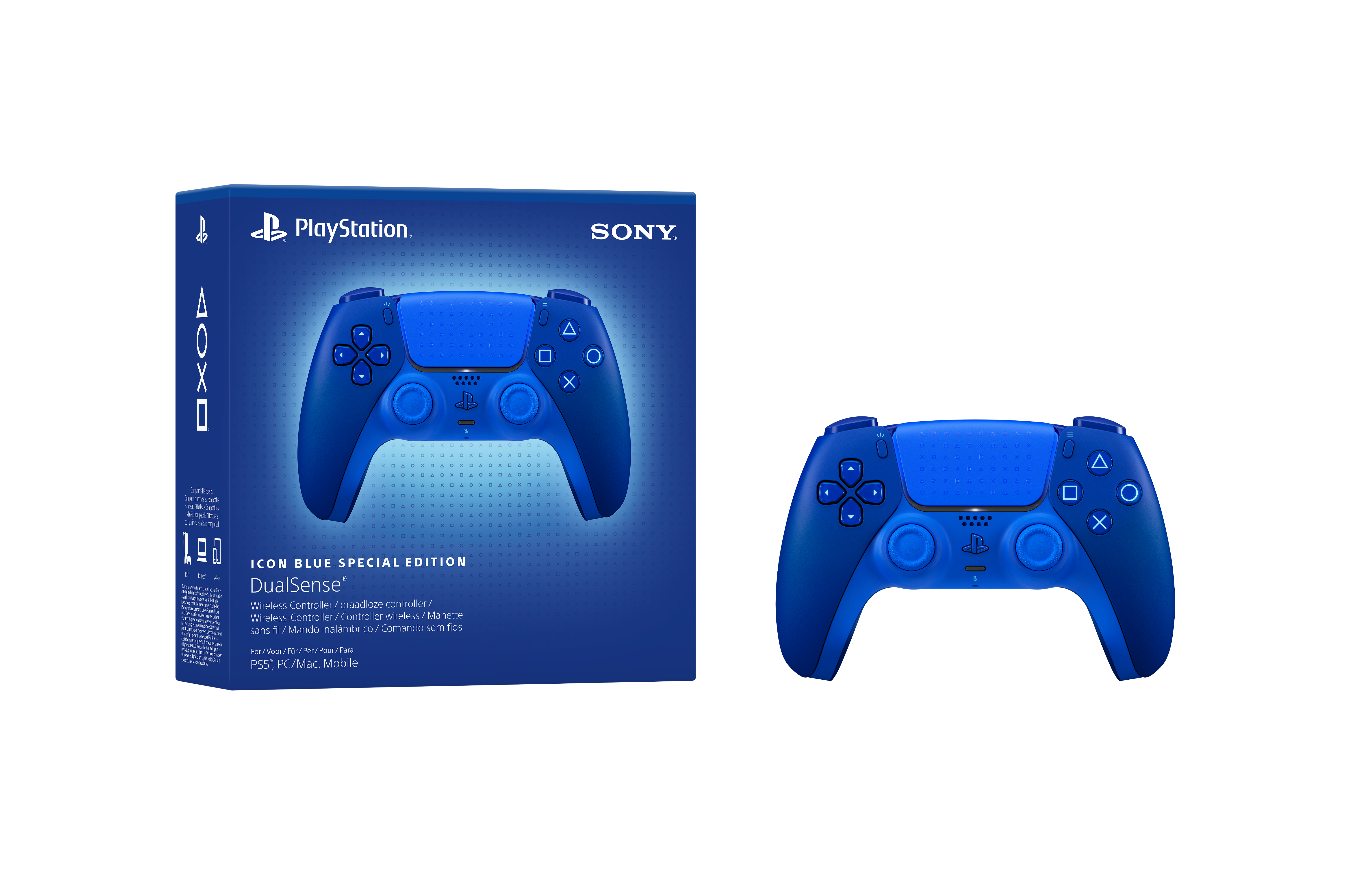 PlayStation DualSense Wireless-Controller in Icon Blue neben seiner blauen Spezialedition-Verpackung.