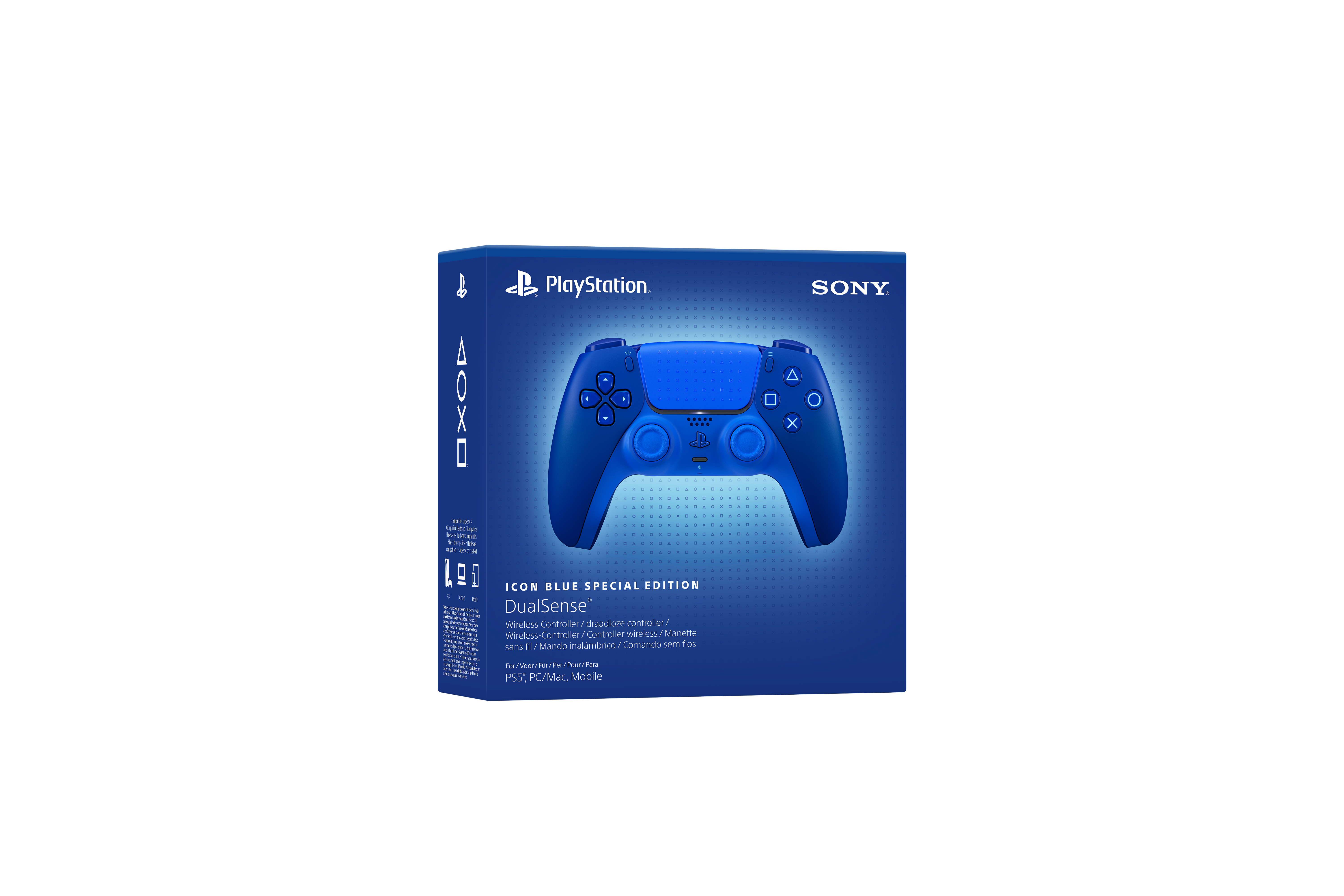 Blaue PlayStation DualSense Wireless-Controller Icon Blue Special Edition in ihrer blauen Verpackung.