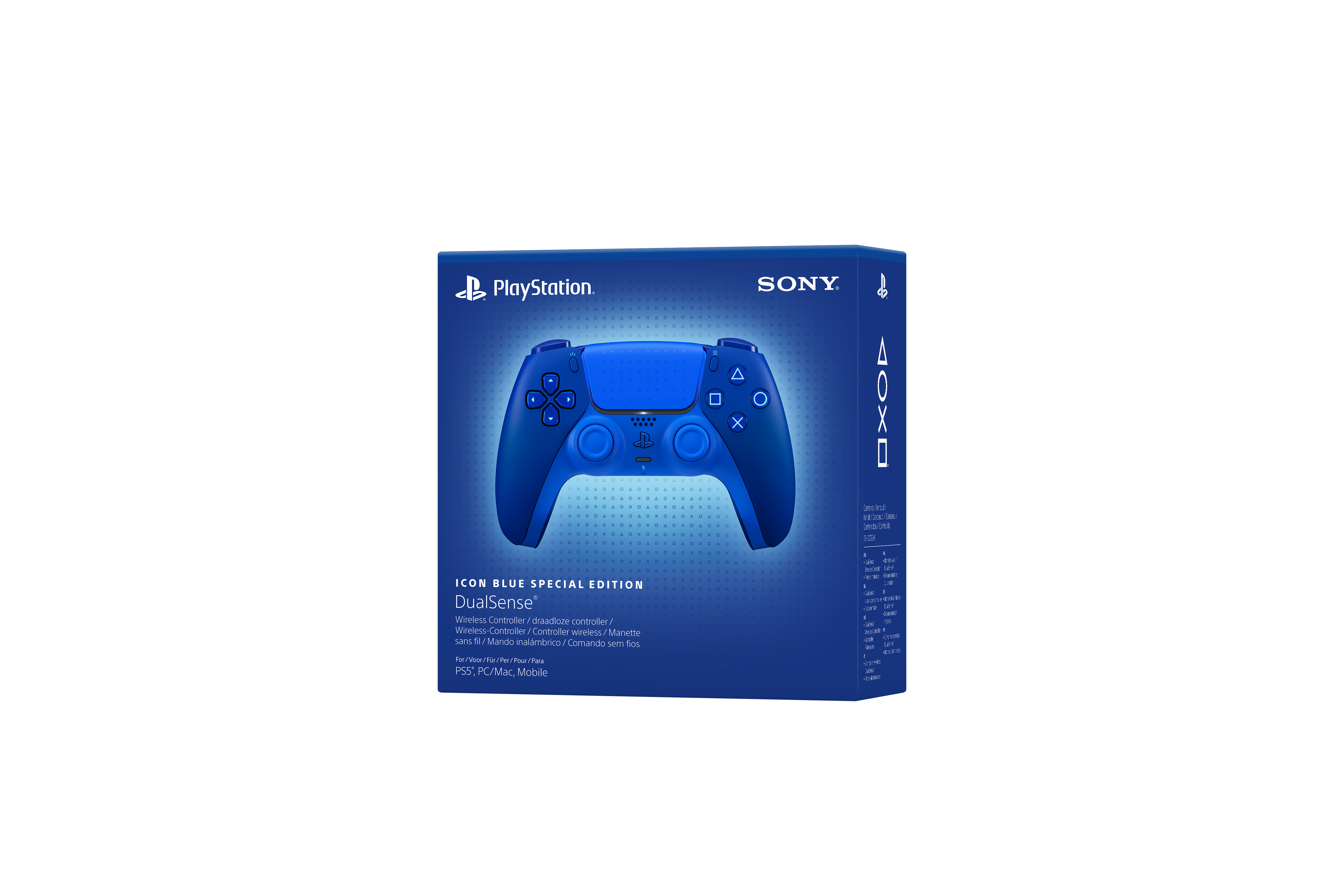Blaue PlayStation DualSense Wireless Controller Box mit Icons und weißem Text.