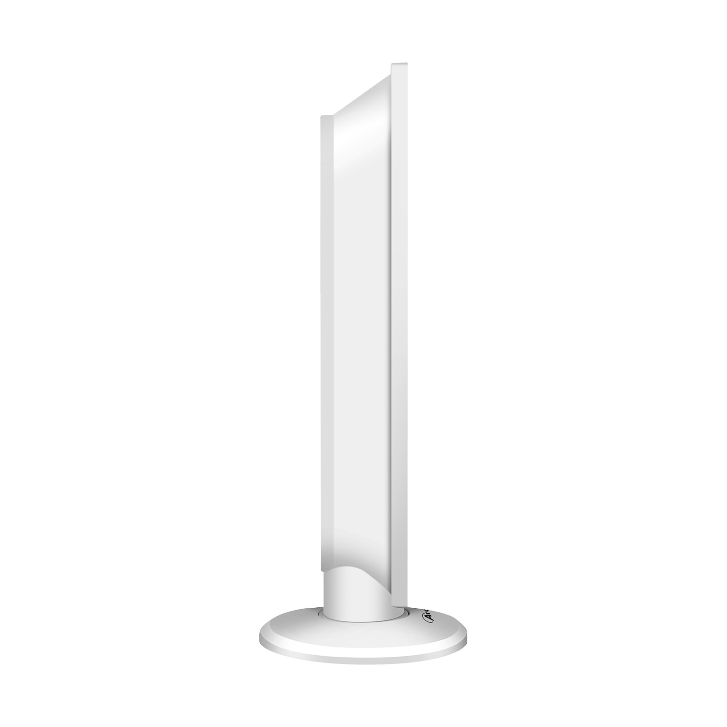 Vista laterale di un monitor per computer bianco con base rotonda su sfondo bianco.