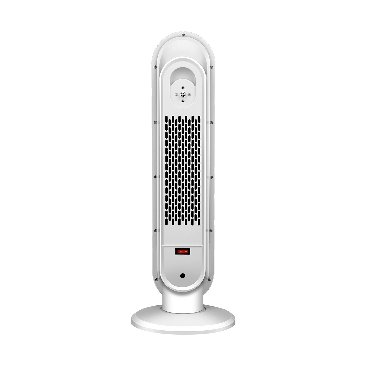 Retro di un ventilatore a torre bianco su fondo bianco, con griglia di ventilazione e interruttore rosso.