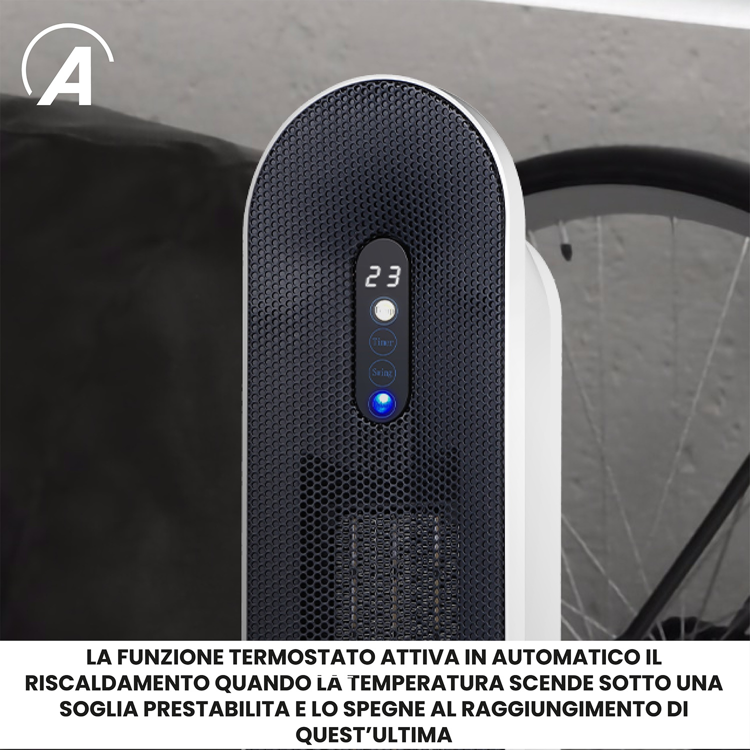 Un termoventilatore a torre nero con display digitale si trova davanti a una parete e una bicicletta.