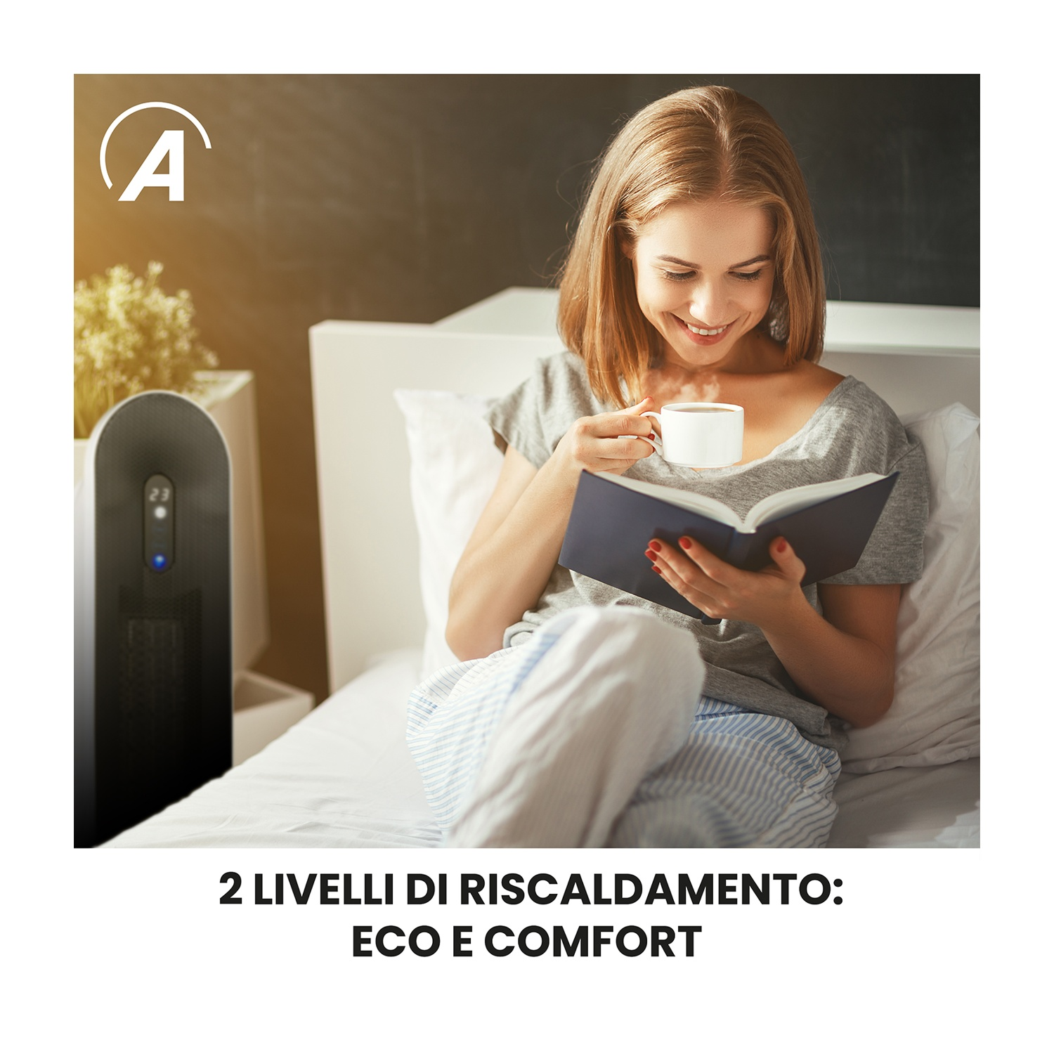 Una donna bionda a letto legge un libro e beve caffè accanto a una stufa nera.