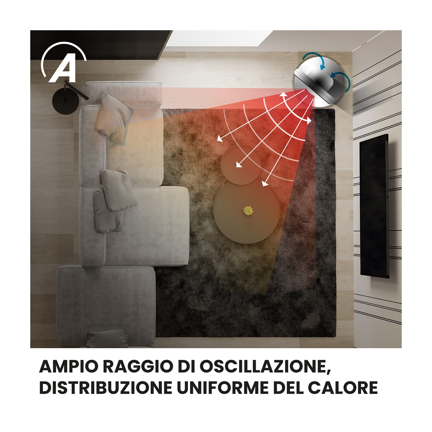 Vista dall'alto di un soggiorno con una stufa che oscilla distribuendo calore uniforme.