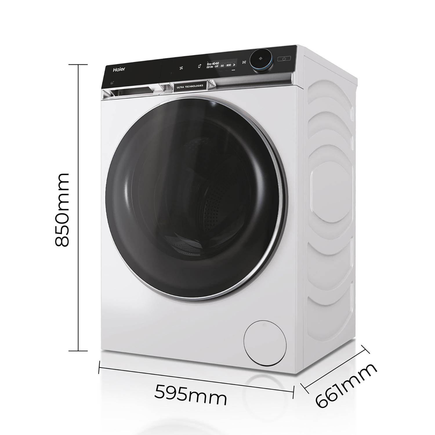 Eine weiße Haier Waschmaschine mit Abmessungen: 850mm Höhe, 595mm Breite und 661mm Tiefe.
