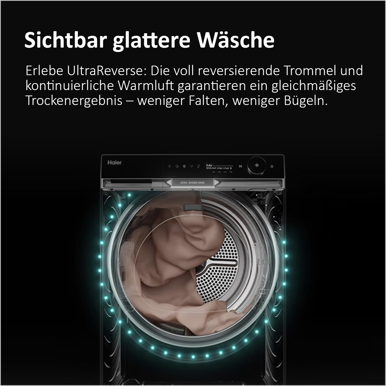Ein Werbebild für einen Haier-Wäschetrockner mit beleuchteter Trommel und deutschem Text über glattere Wäsche.
