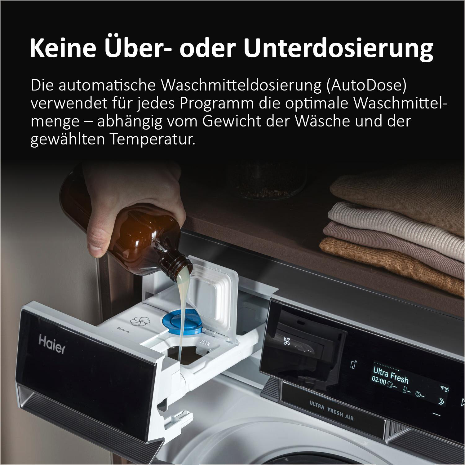 Eine Hand gießt Flüssigwaschmittel in das geöffnete Fach einer Haier-Waschmaschine, darüber deutscher Text.