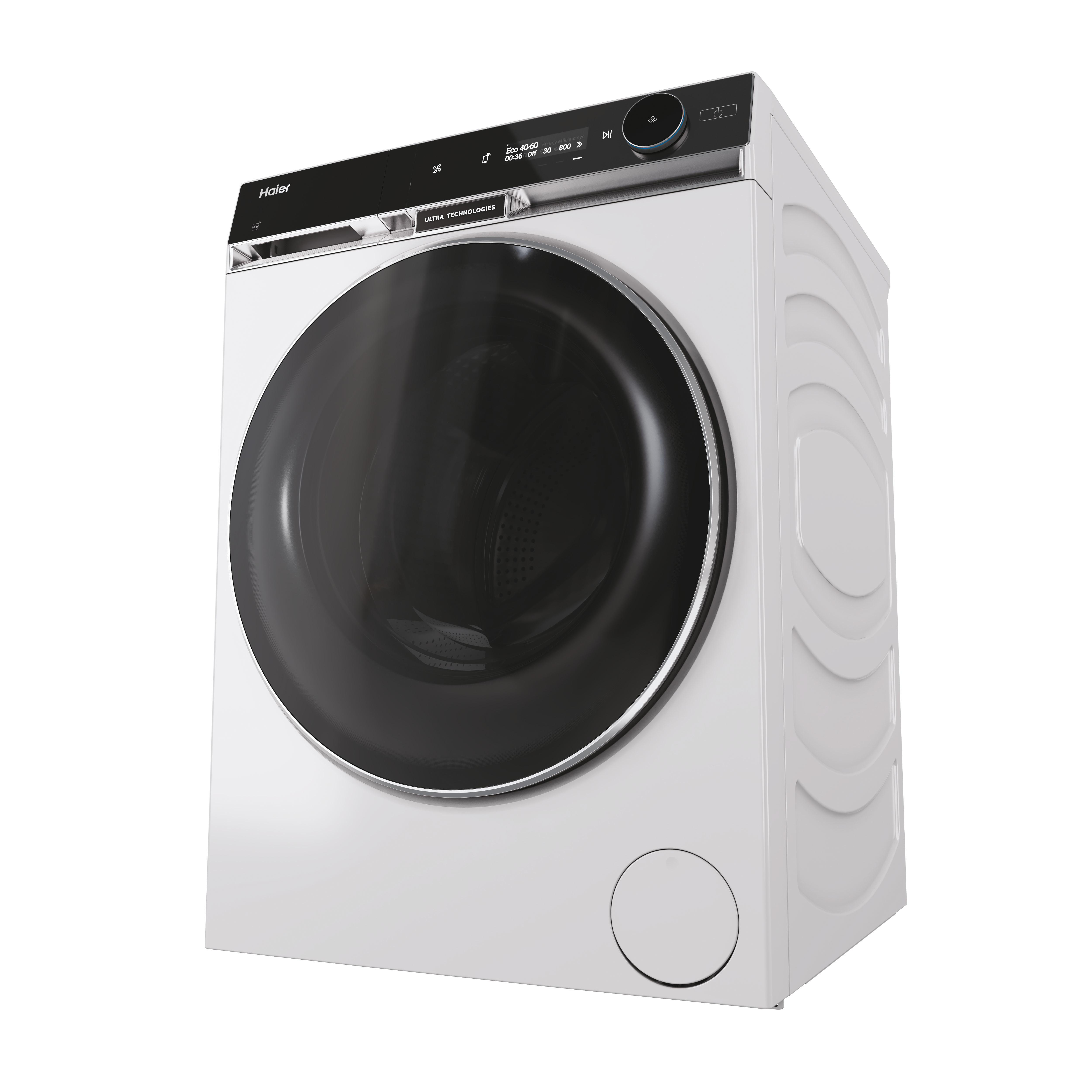 Moderne weiße Haier-Waschmaschine mit schwarzem Bullauge und digitalem Bedienfeld auf weißem Hintergrund.