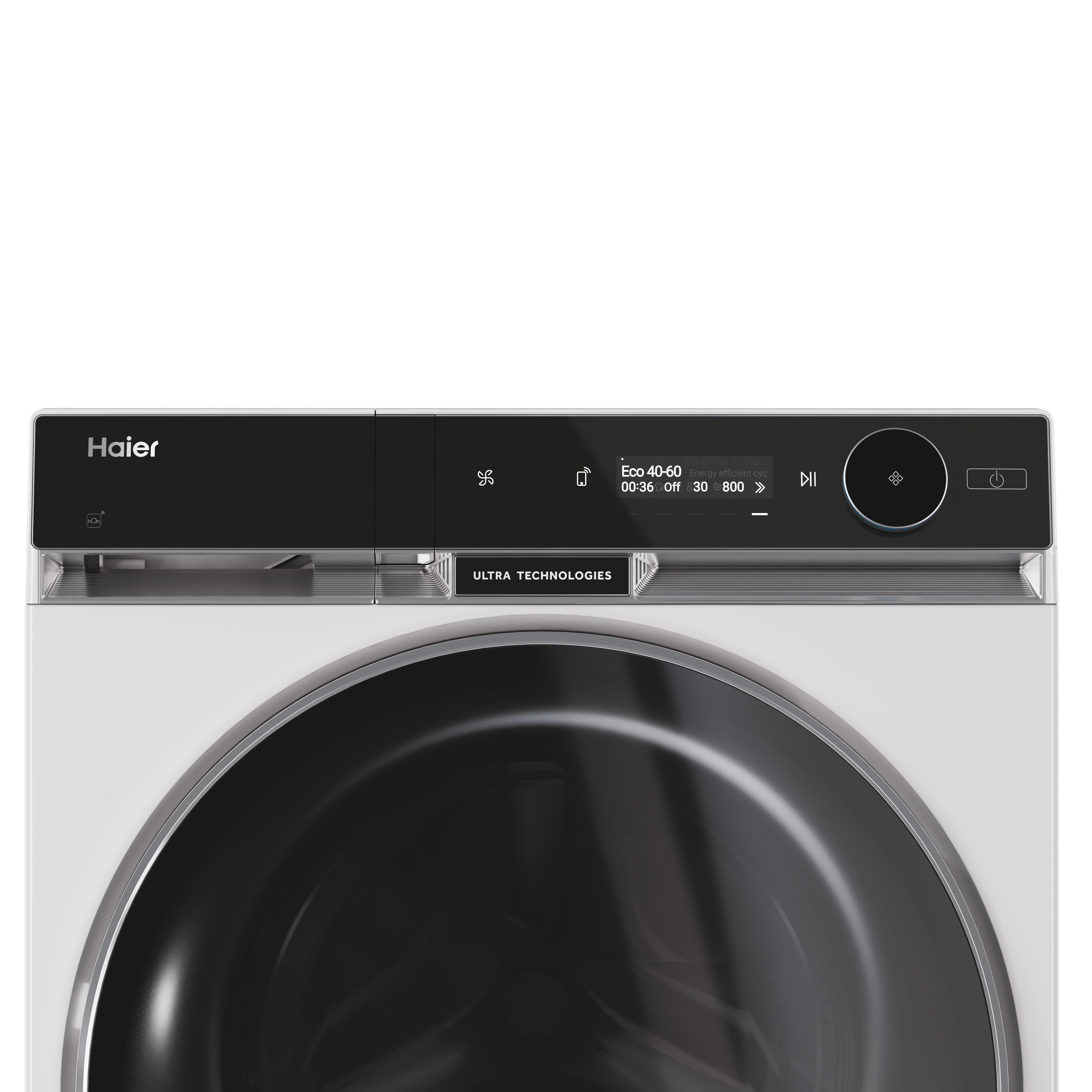 Bedienfeld einer weißen Haier Waschmaschine mit digitalem Display und schwarzen Knöpfen auf weißem Hintergrund.