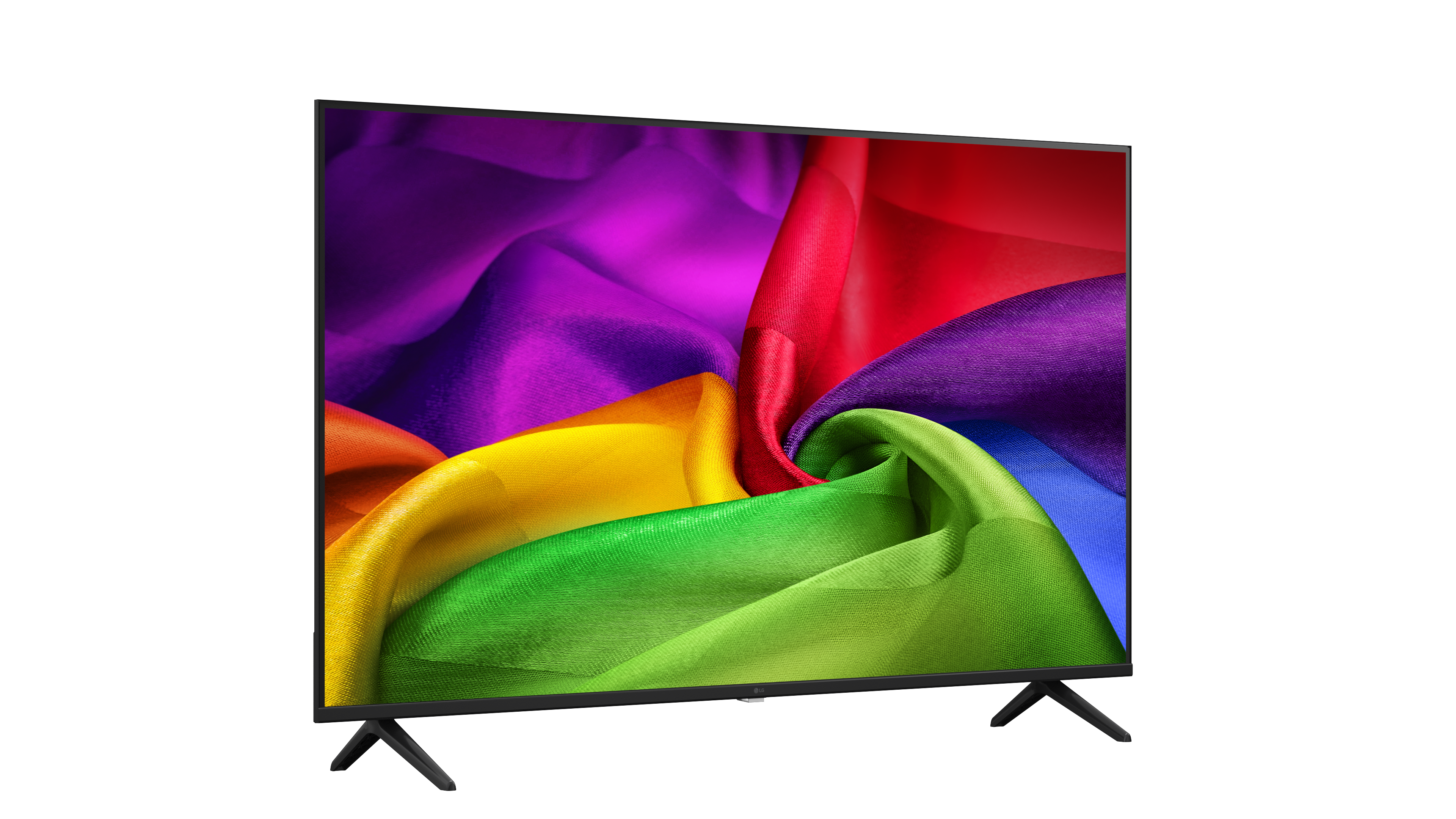 Egy modern TV V-alakú lábakkal, színes piros, sárga, zöld és lila selyemanyagokat ábrázoló képernyővel.
