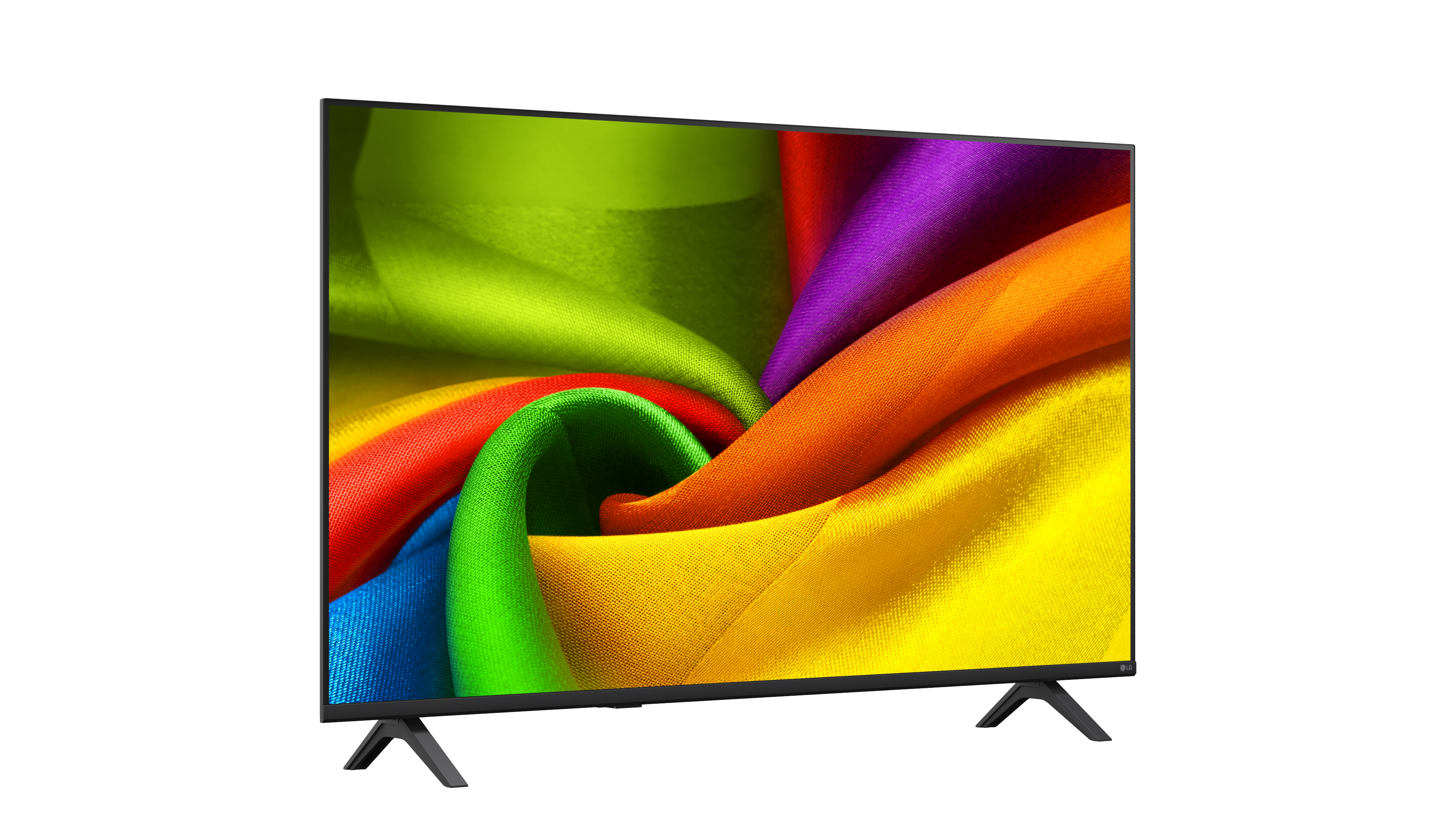 Modern, vékony keretes síkképernyős TV, képernyőjén színes, szövet szerű mintával.