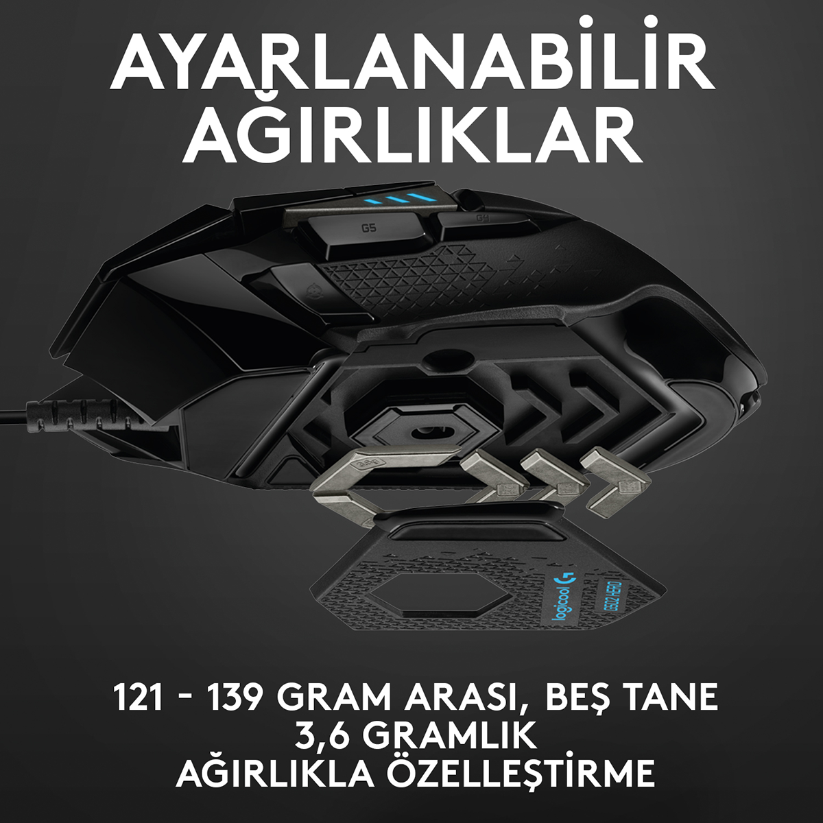 Alt kısmından çıkarılan beş adet ayarlanabilir 3,6 gramlık ağırlığa sahip siyah oyuncu faresi.