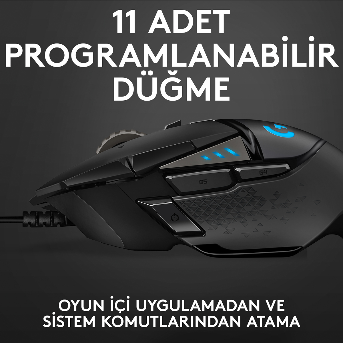 Koyu arka plan üzerinde mavi aydınlatmalı ve programlanabilir tuşlara sahip siyah oyuncu faresi.