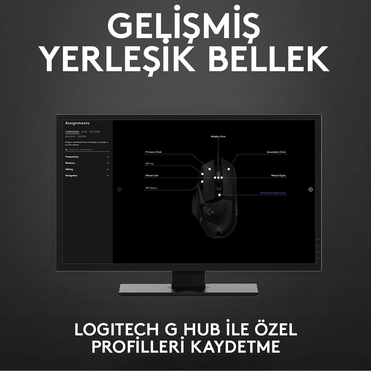 Bir bilgisayar monitörü, etiketli fare özelleştirme arayüzünü gösteren Logitech G HUB yazılımını gösteriyor.
