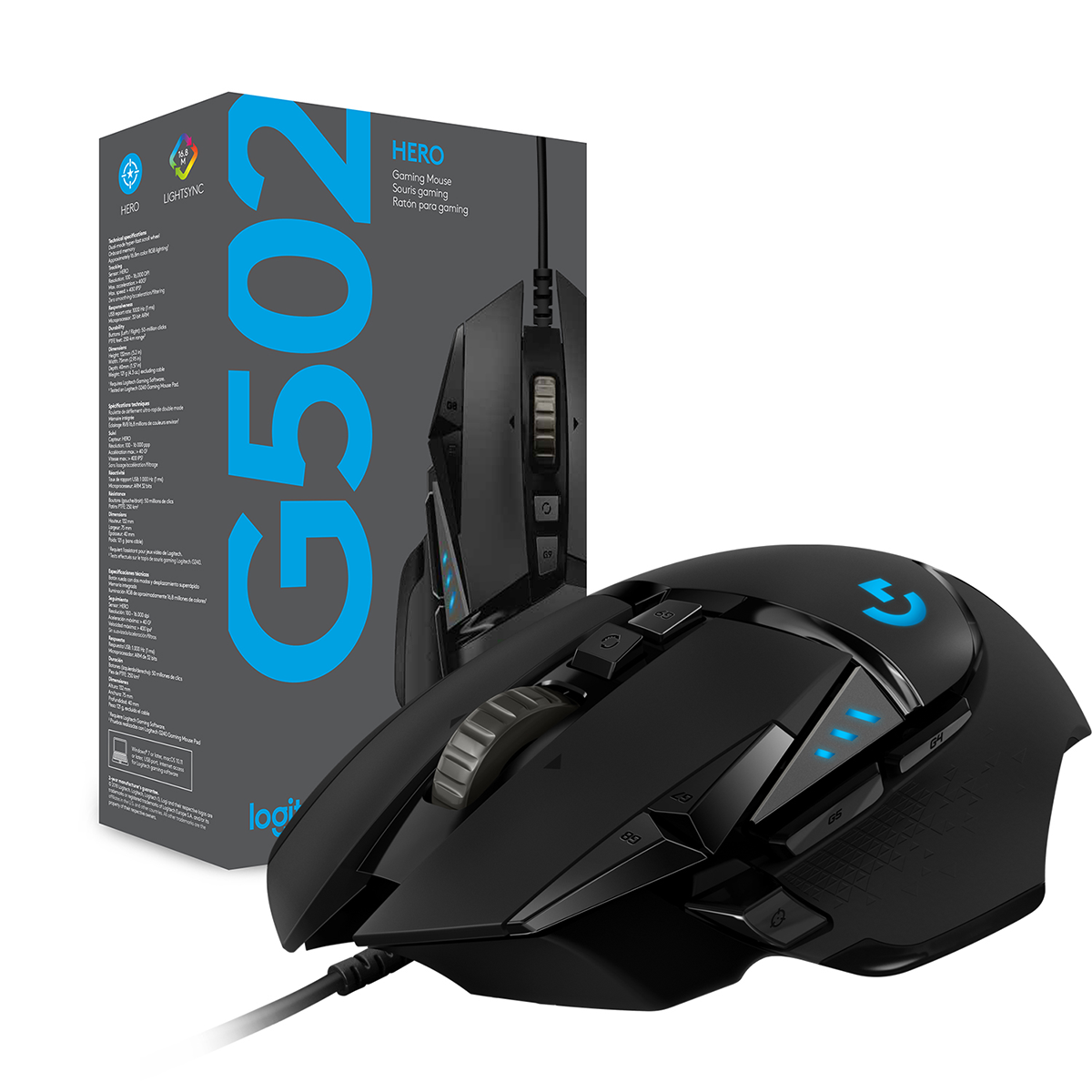 Ambalaj kutusunun önünde mavi aydınlatmalı siyah bir Logitech G502 Hero oyuncu faresi.