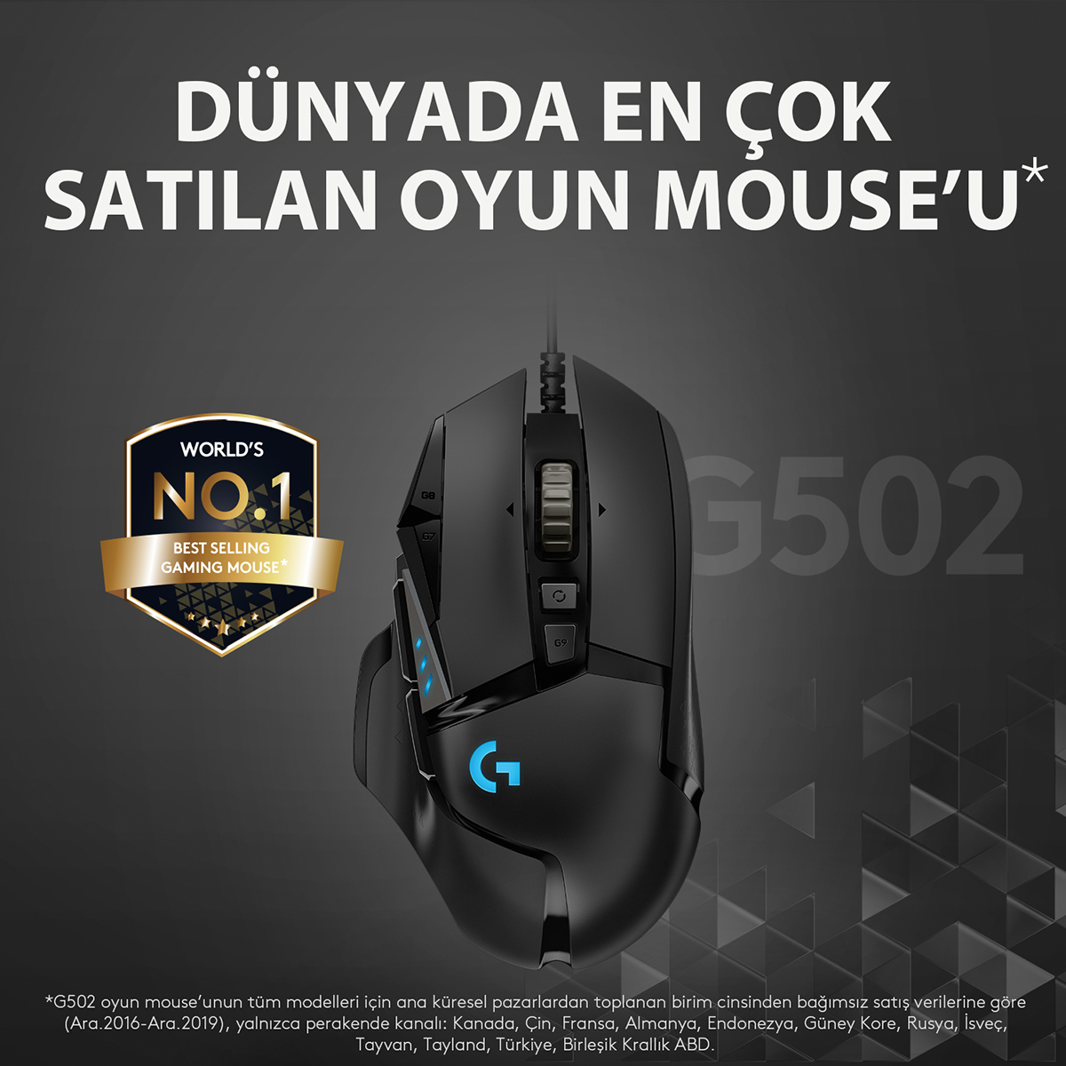 Koyu arka planda mavi aydınlatmalı ve 'World's No.1' rozetli siyah Logitech G502 oyuncu faresi.