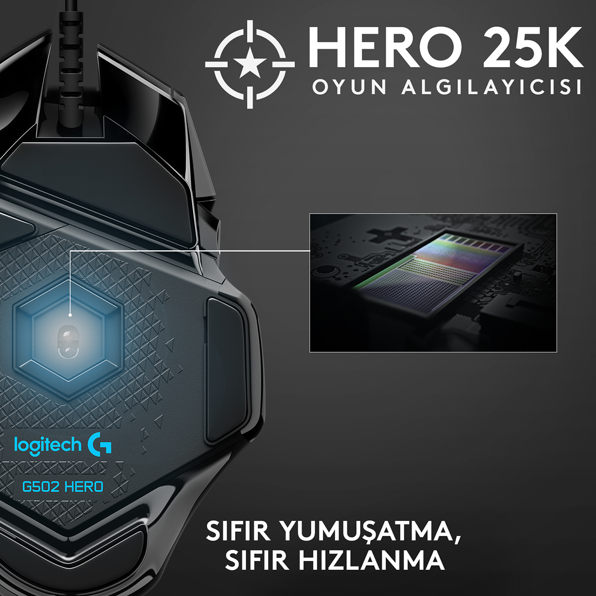 HERO 25K sensörünü ve sıfır yumuşatma özelliğini gösteren siyah Logitech G502 HERO oyuncu faresi.