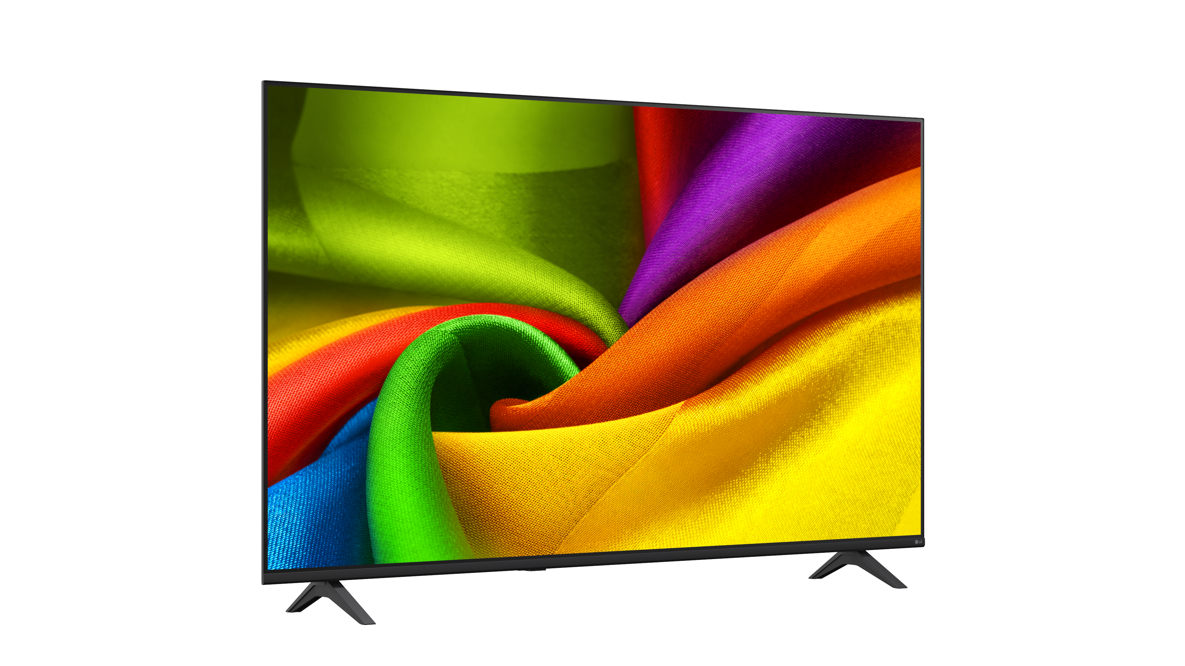 Vékony kávás síkképernyős TV színes textil mintát mutat a képernyőn sima fehér háttér előtt.
