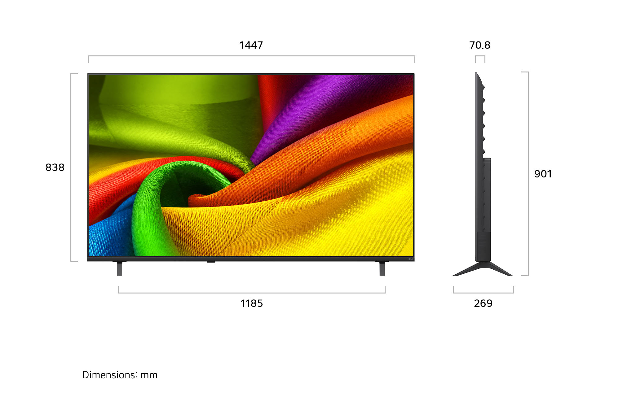 Diagram, amely egy síkképernyős televízió méreteit mutatja milliméterben.