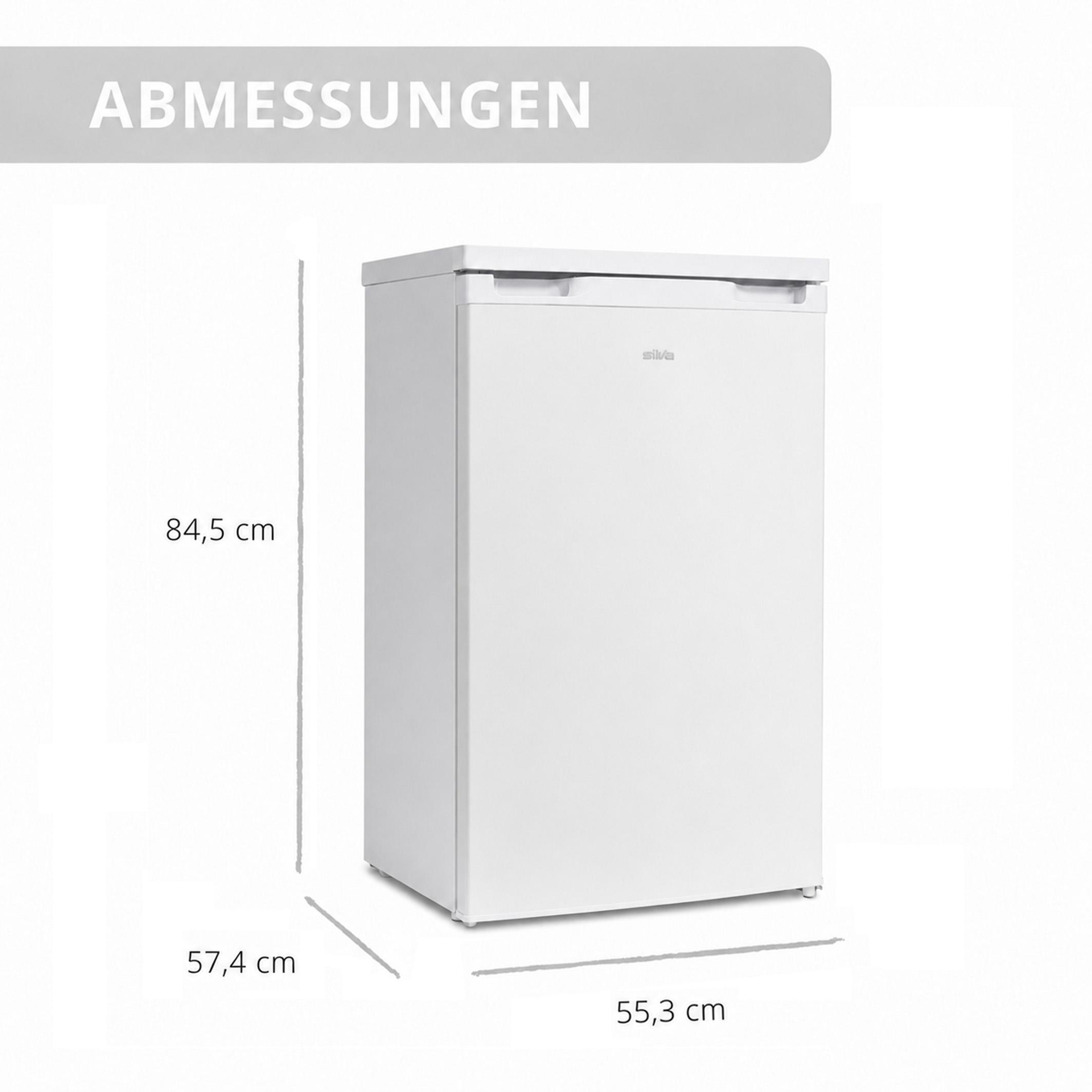 Kleiner weißer Kühlschrank mit Maßangaben: 84,5 cm Höhe, 57,4 cm Tiefe und 55,3 cm Breite.