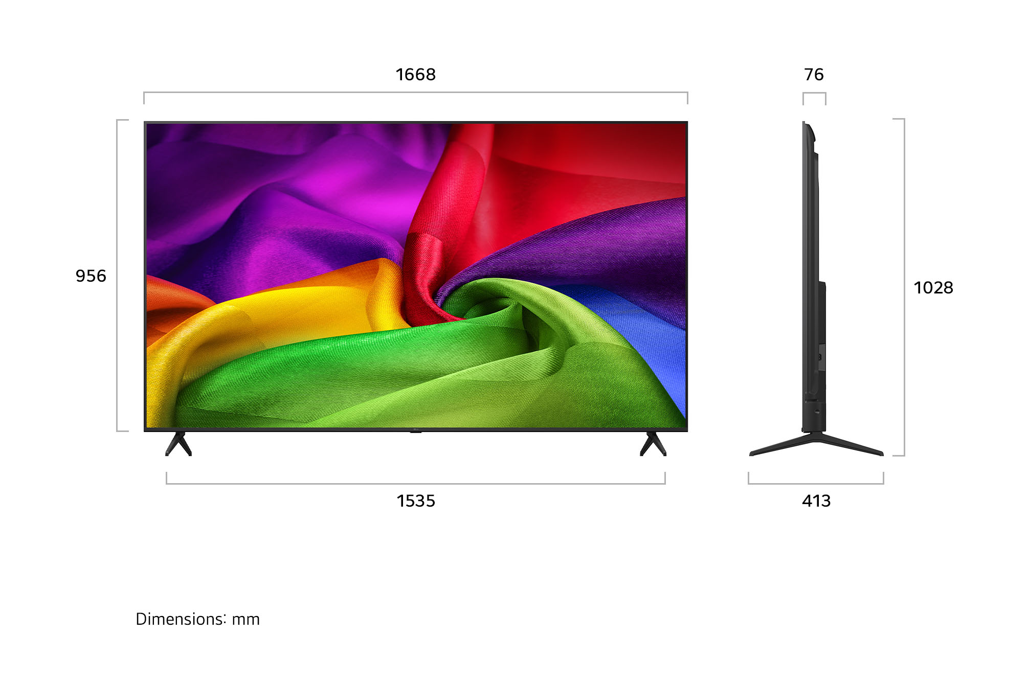 A diagram milliméterben mutatja a televízió méreteit elülső és oldalsó nézetben.