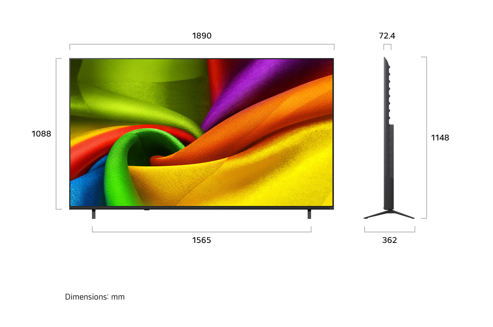 A diagram egy síkképernyős televízió méreteit mutatja elölről és oldalról milliméterben.