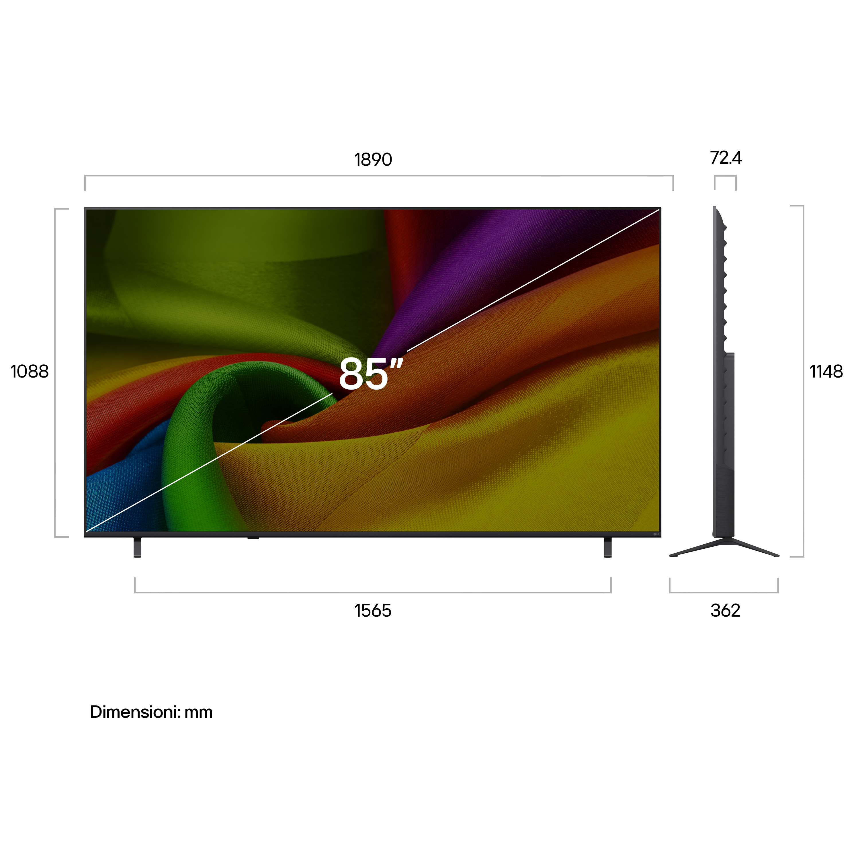 A diagram egy 85 hüvelykes televízió méreteit mutatja milliméterben, elöl- és oldalnézettel.