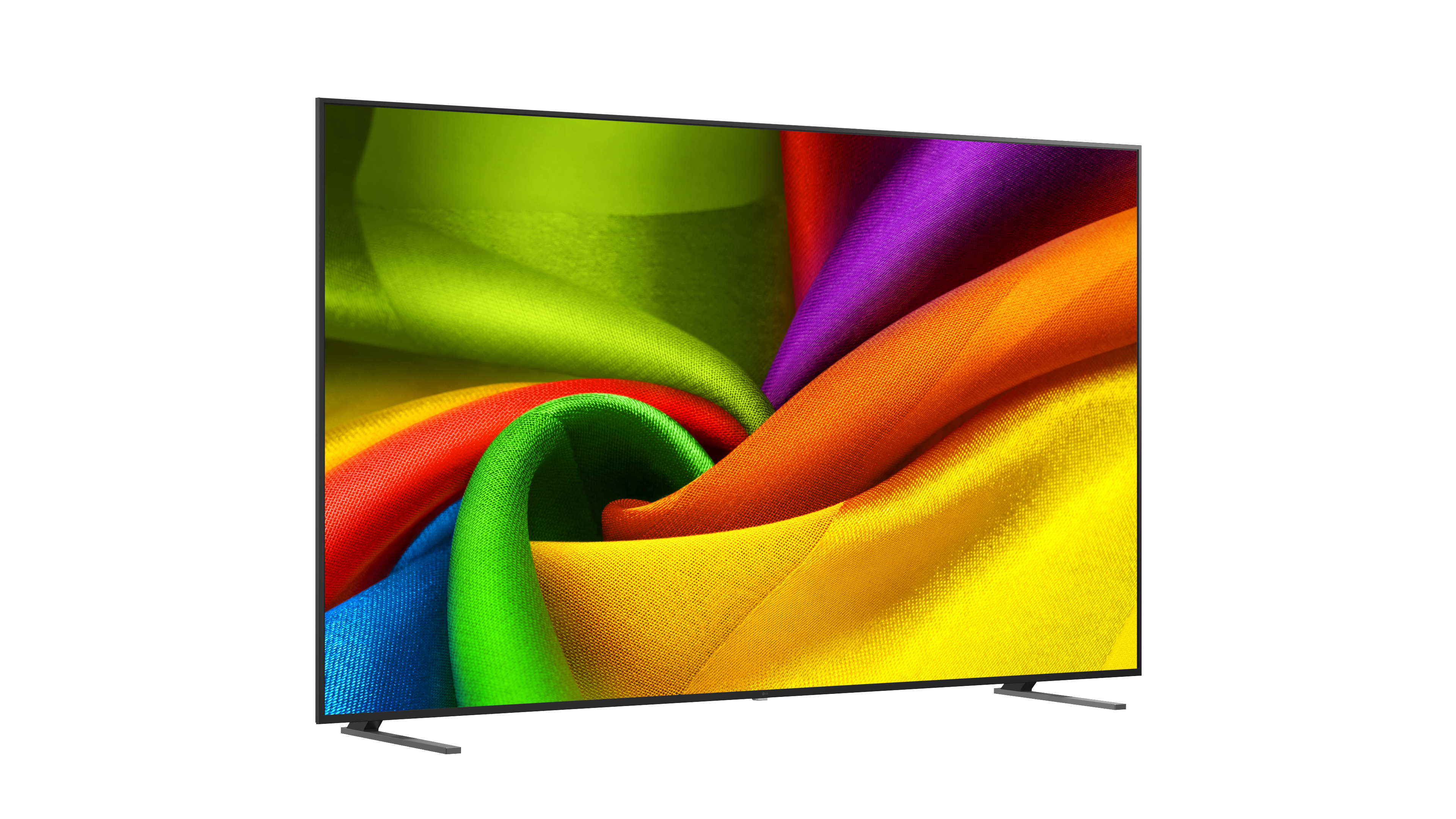 Egy modern tévé képernyőjén színes, hullámos textil minta látható fehér háttér előtt.