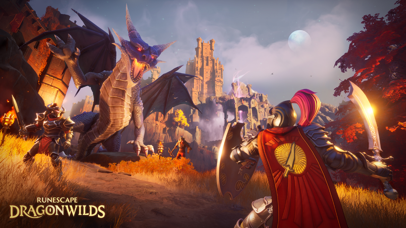 Okuwany wojownik staje twarzą w twarz z wielkim, ognistym niebieskim smokiem przed zamkiem.