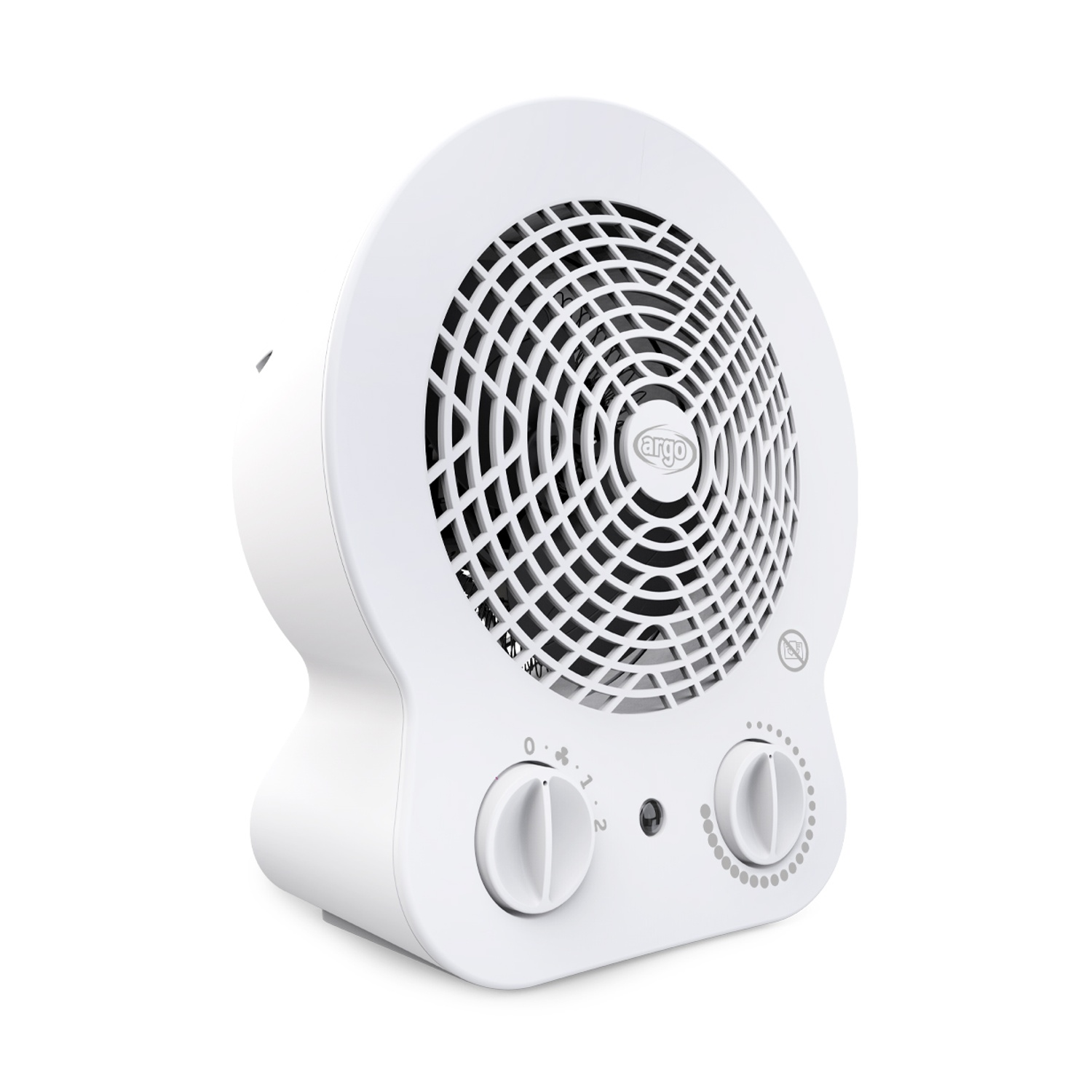 Un termoventilatore rotondo bianco con due manopole in basso su sfondo bianco.