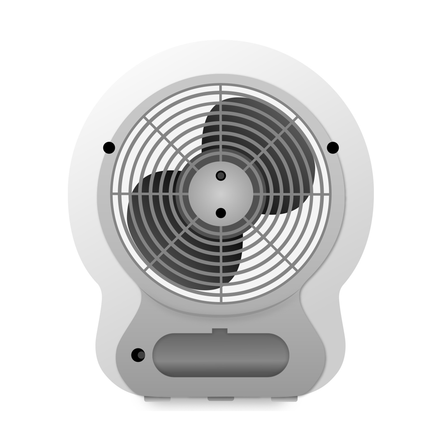 Un ventilatore elettrico bianco con una copertura a griglia protettiva rotonda su sfondo bianco.